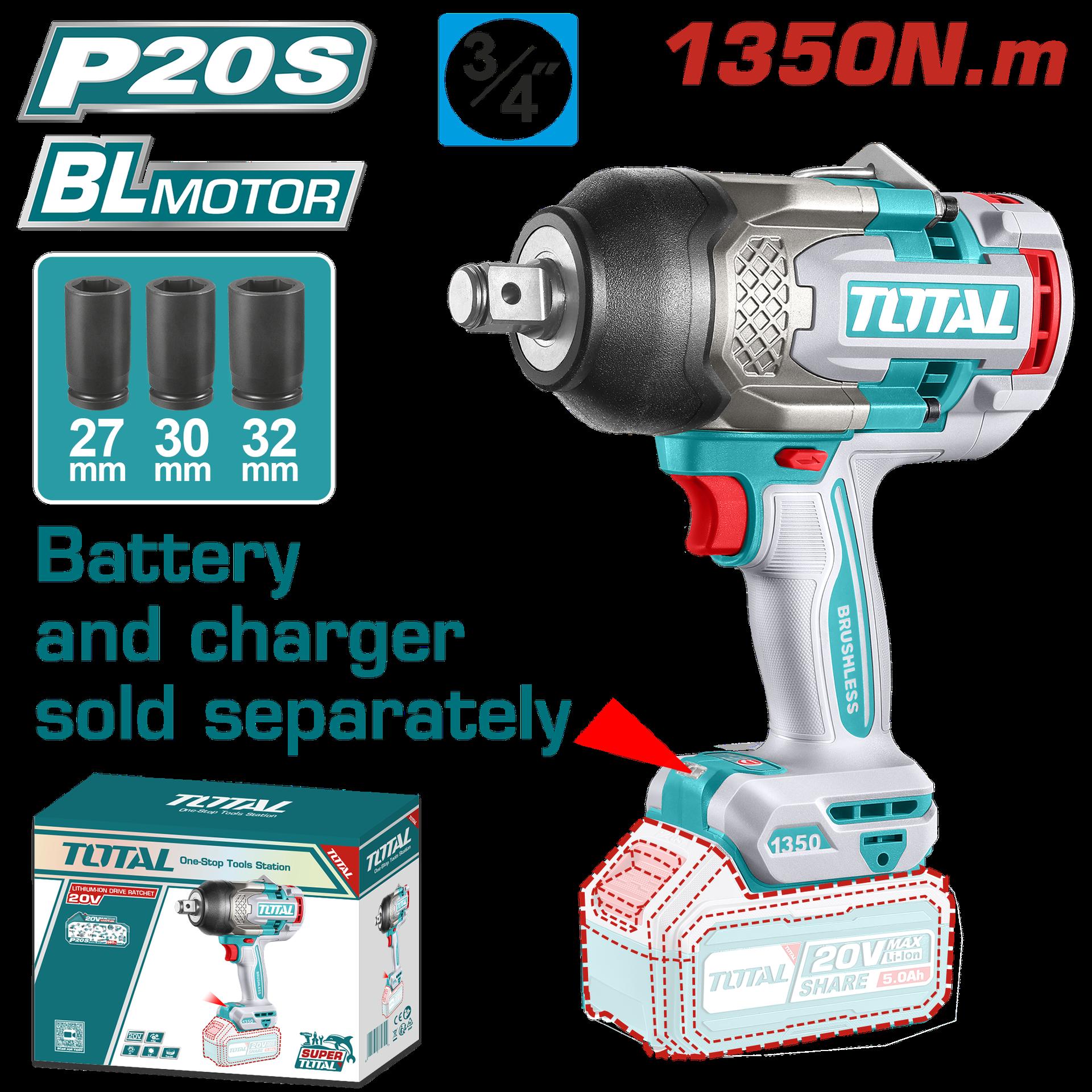 Pistola Impacto Inalambrica 34 20V 1350Nm  Incluye 3 Copas 273032 Mm Cargador Y Bateria Se Venden Por Separado Industrial Super Total Tiwli201351