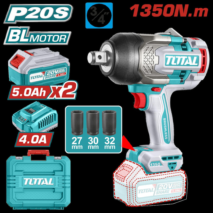 Pistola Impacto Inalambrica 34 20V 1350Nm Incluye 2 50 Ah Baterias 1 Cargador Y 3 Copas 273032 Mm Industrial Super Total Utiwli20135