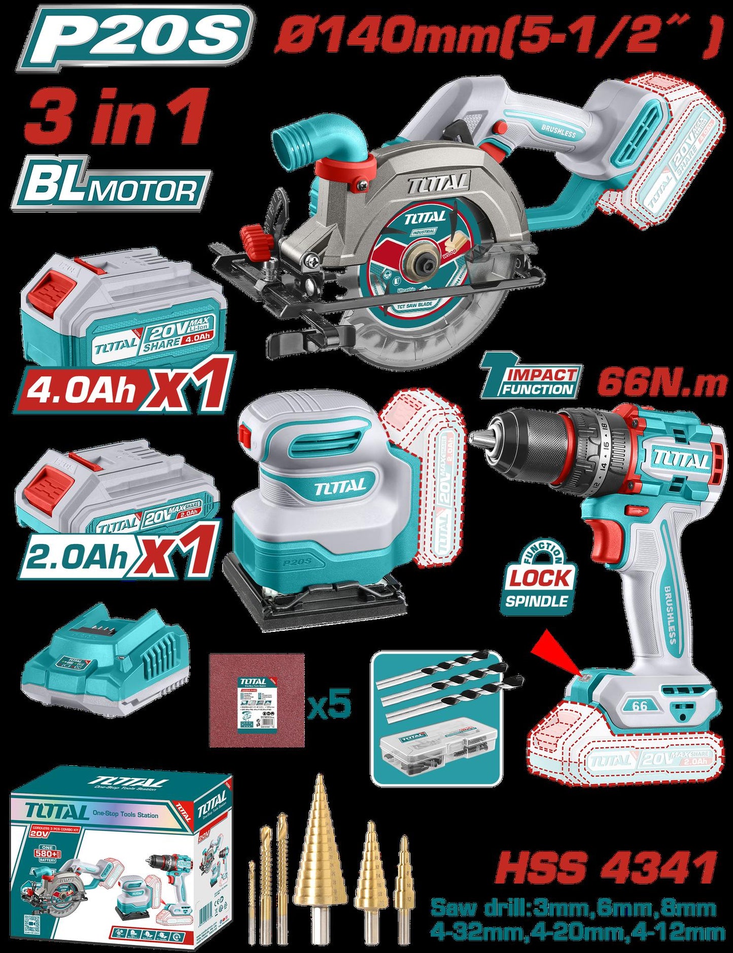 Combo Inalambrico  20 V Sierra Circular I 512 Taladro Percutor Atornillador 12 66 Nm  Lijadora De Palma 4 38X 4  1 Bateria 40 Ah  1 Bateria 20 Ah  Accesorios Industrial Super Total Utosli241193