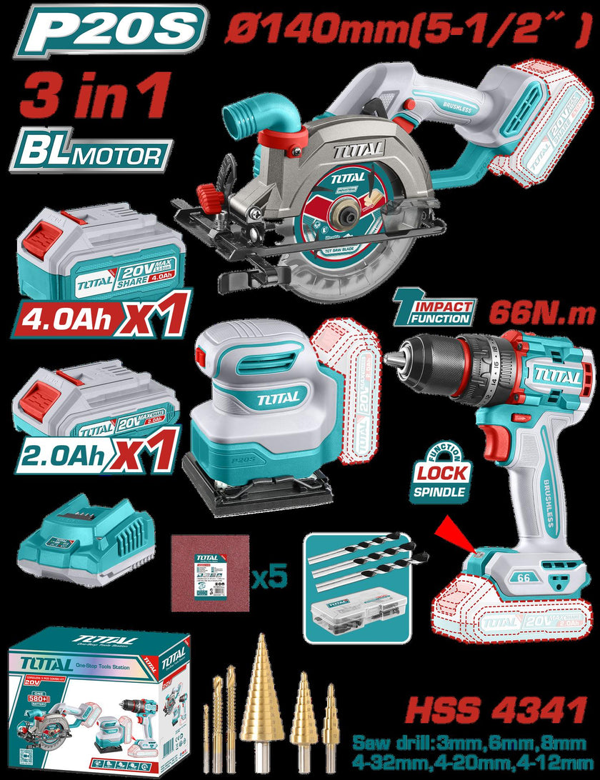 Combo Inalambrico  20 V Sierra Circular I 512 Taladro Percutor Atornillador 12 66 Nm  Lijadora De Palma 4 38X 4  1 Bateria 40 Ah  1 Bateria 20 Ah  Accesorios Industrial Super Total Utosli241193