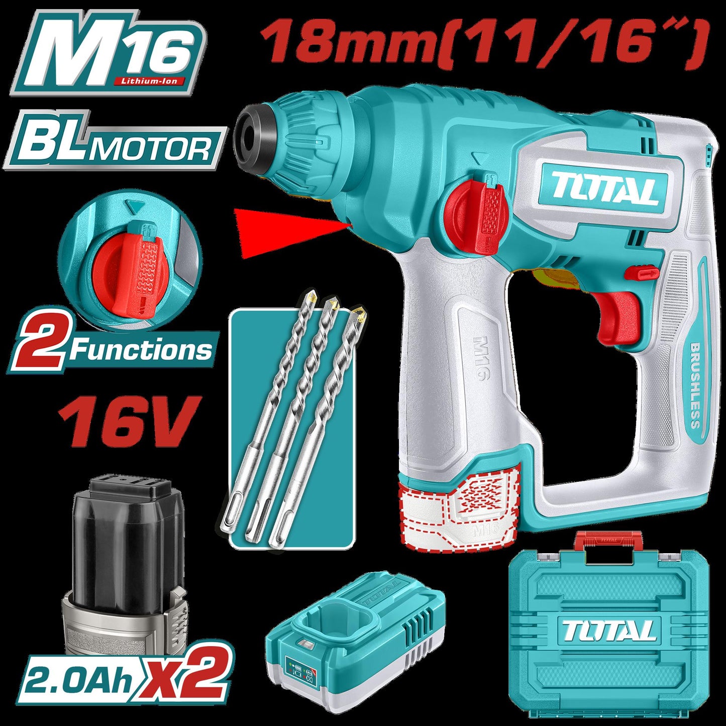 Taladro Inalambrico Rotomartillo Sds Plus 1116 16V  3 Brocas Incluye 2 Baterias 20Ah  Y 1 Cargador Industrial Super Total Utrhli16168