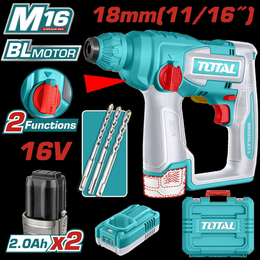 Taladro Inalambrico Rotomartillo Sds Plus 1116 16V  3 Brocas Incluye 2 Baterias 20Ah  Y 1 Cargador Industrial Super Total Utrhli16168
