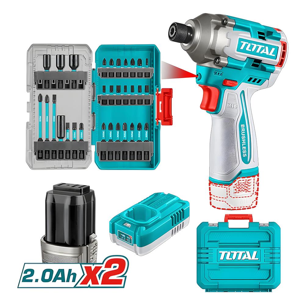 Atornillador De Impacto Inalambrico 14 170Nm 16V  31 Accesorios  Incluye 2 Baterias 20Ah  Y Cargador Industrial Super Total Utosli241083