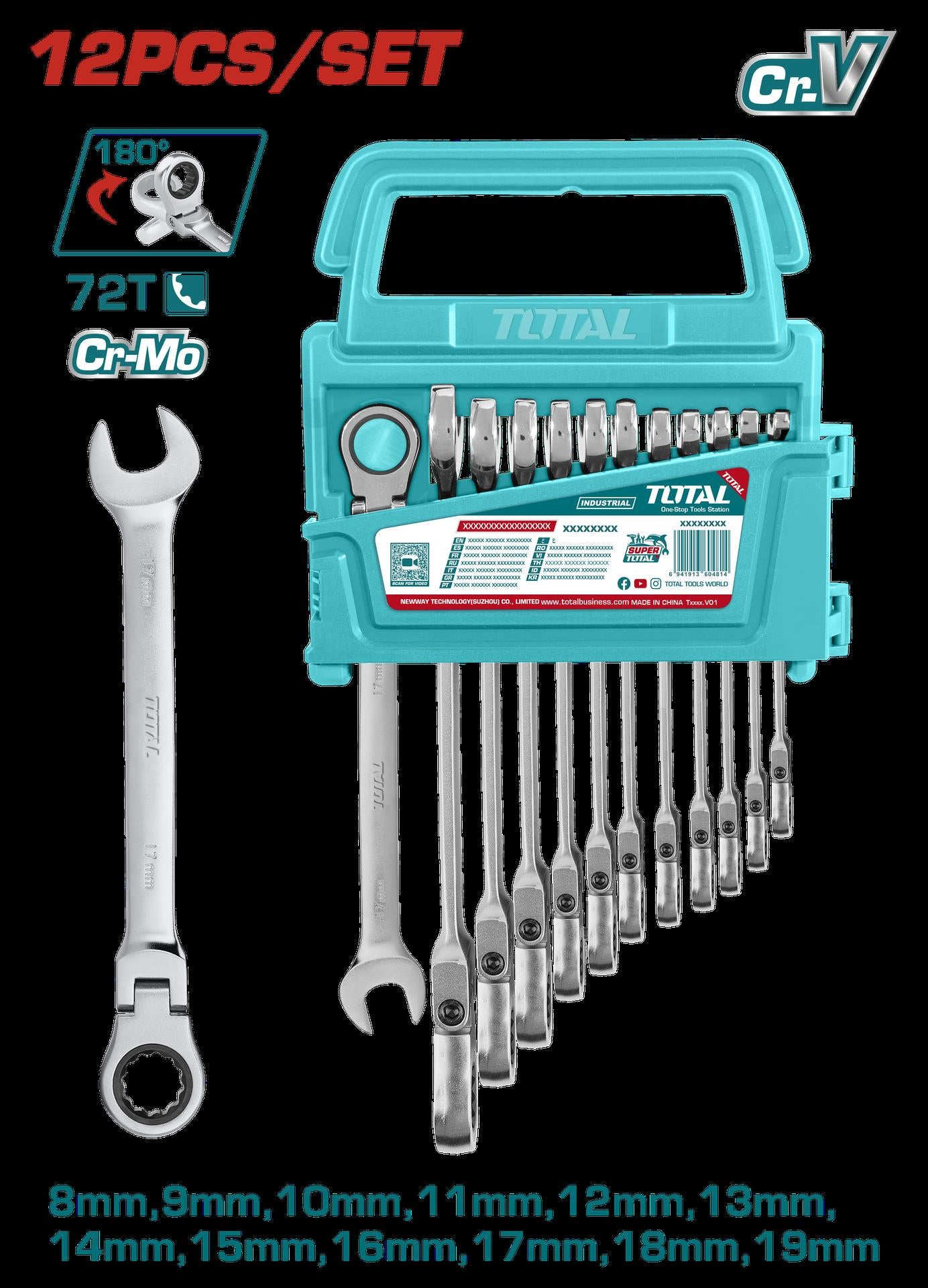 Llave Mixta Con Rache Flexible 8  19 Mm Juego X 12 Pzs  Industrial Super Total Tht102Rk5126