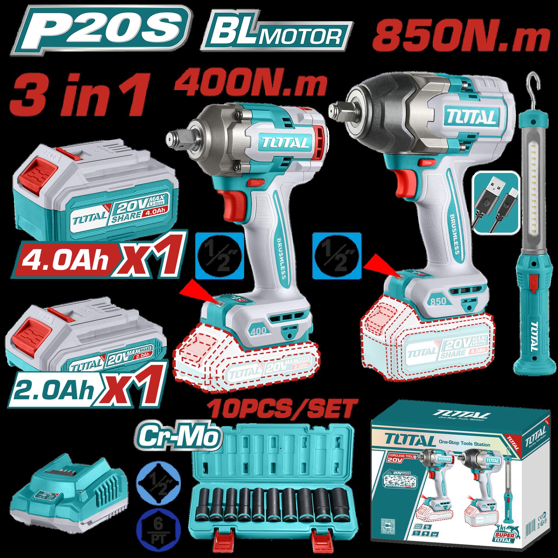 Combo Inalambrico 20V Pistola Impacto Inalambrico 12 850 Nm  Pistola Impacto Inalambrica 12 400 Nm  Lampara De Trabajo 300 Lumenes Recargable  10 Copas 12 1024Mm  1 Bateria 40 Ah  1 Bateria 20 Ah Y Cargador Industrial Super Total Utosli241