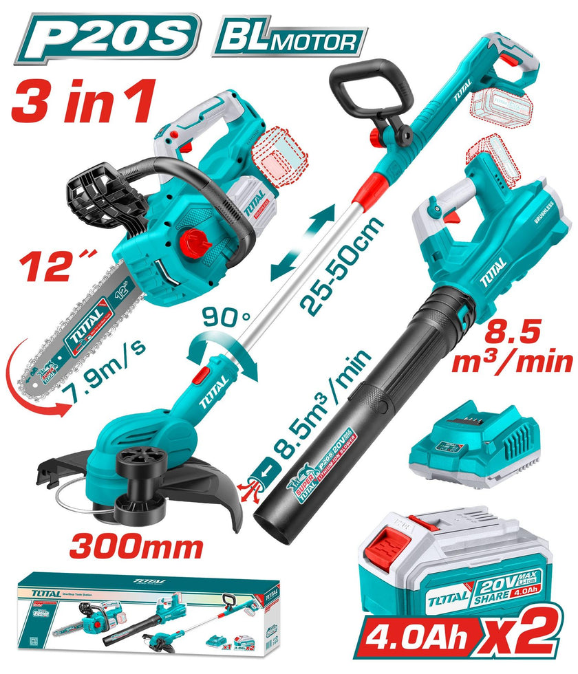 Combo Inalambrico 20V Motosierra Inalambrica 12  Guadañadora  Sopladora  2 Baterias 40 Ah Y Cargador Industrial Super Total Utosli241189