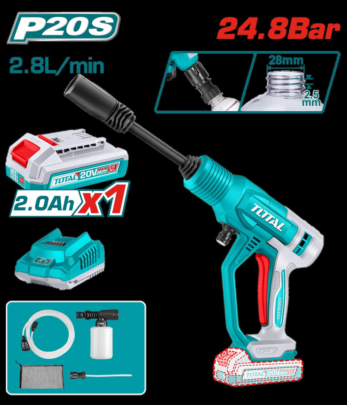 Hidrolavadora Inalambrica 20V Portatil  Incluye 1 Bateria 20 Ah Y Cargador Super Total Utpwli20362