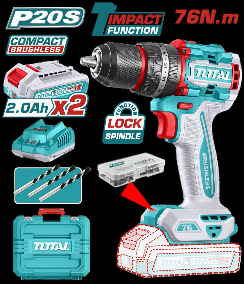 Taladro Inalambrico  Percutor 12 20V 76 Nm Incluye 2 Bateria De 20Ah Cargador47 Accesorios3 Brocas Concreto Industrial Super Total Utidli20768