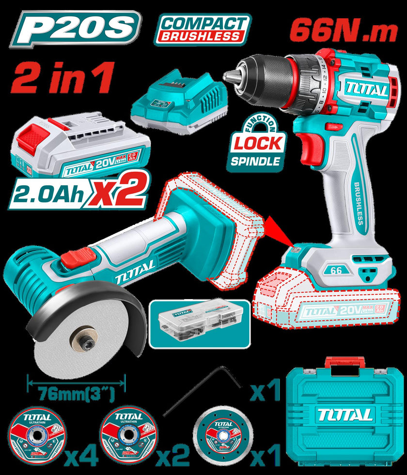 Combo Inalambrico 20V X 2 Pzs Taladro 12  66 Nm  Mini Pulidora 3 Incluye 2 Baterias  20 Ah  Cargador   7 Discos Y 47 Accesorios Industrial Super Total Utckli20766