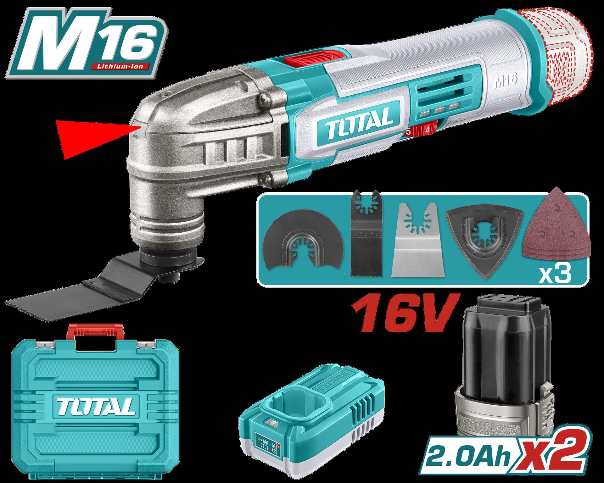 Multiherramienta Inalambrica Oscilante 16V  2 Baterias 20 Ah  Cargador  Y Accesorios Industrial Super Total Utmli16222