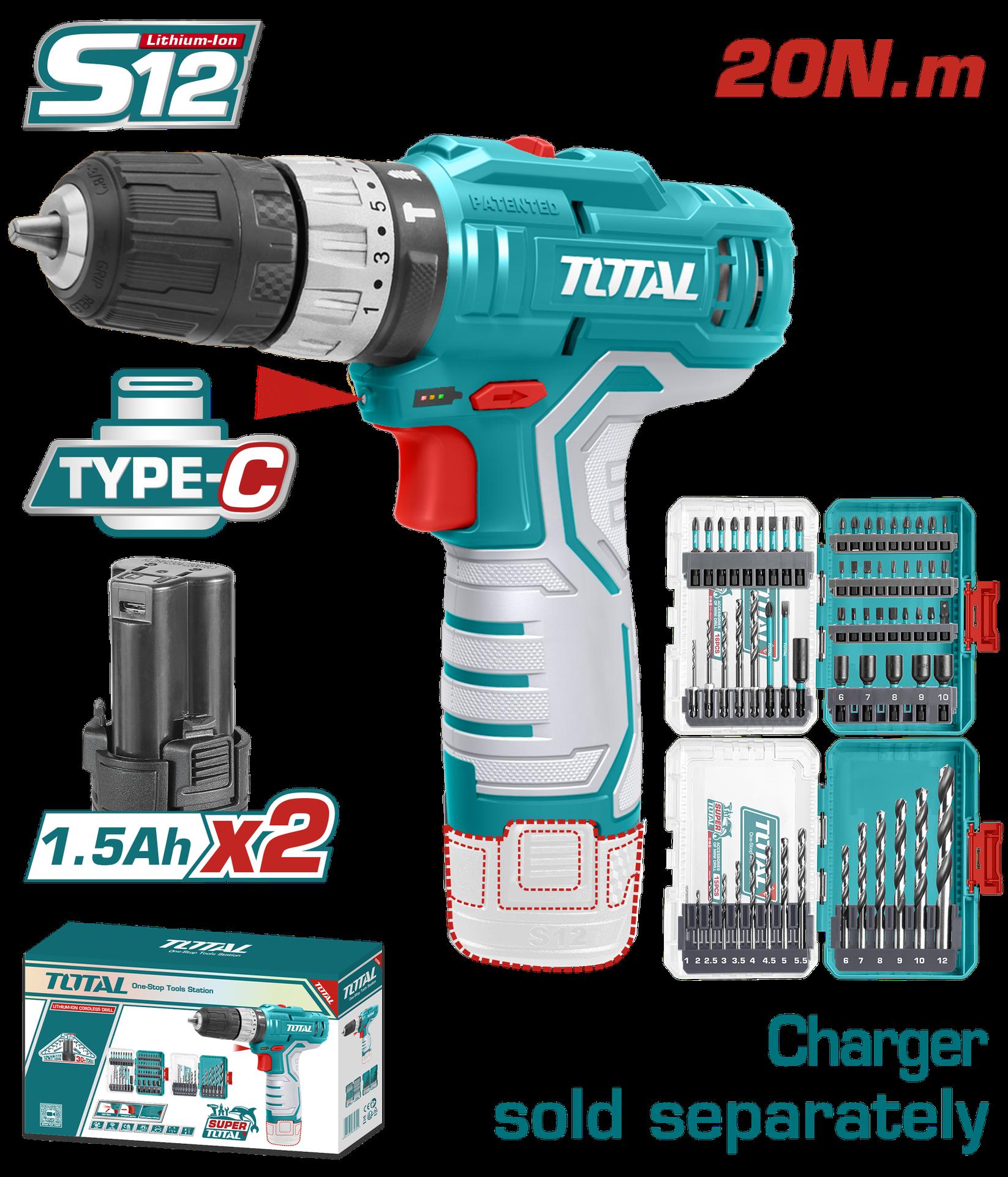 Taladro Inalambrico 38 12V 20 Nm Incluye 2 Bateria De 20 Ah  Punta Taladro Y Broca Industrial Super Total Utosli241197