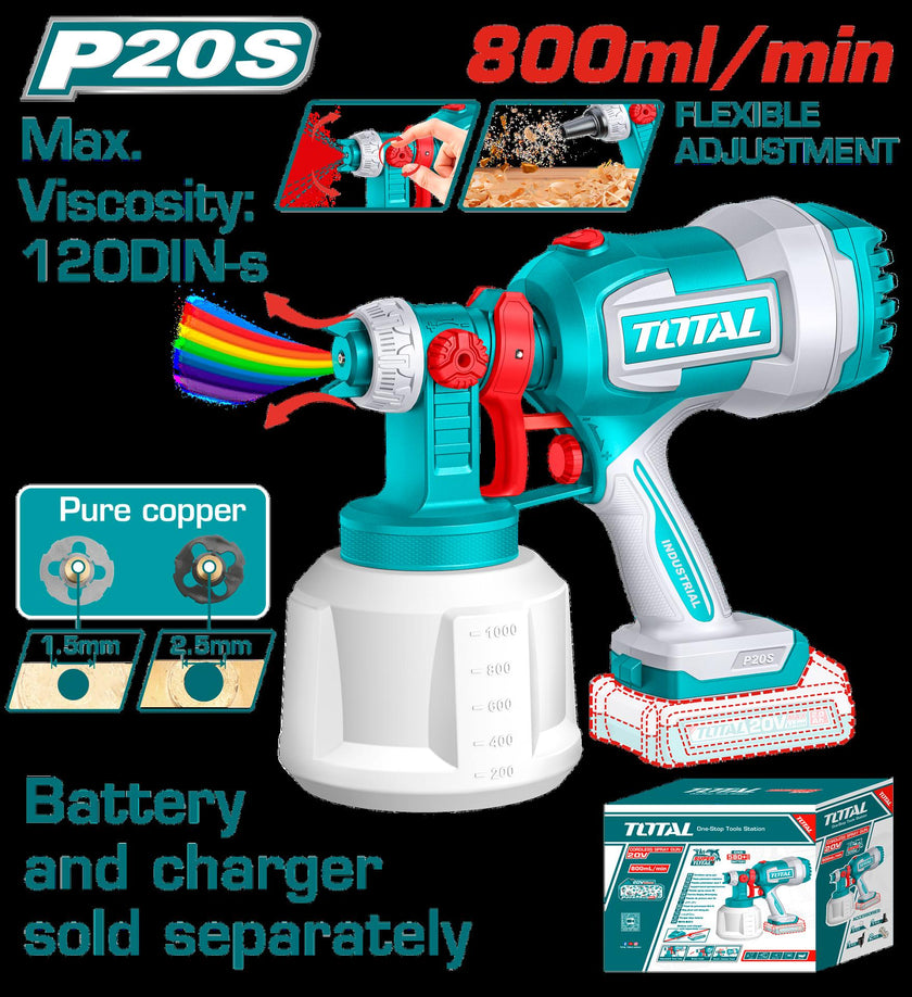 Pistola Pintar Inalambrica 800Ml 20V Incluye Aguja De Limpieza Y Dos Boquillas Bateria Y Cargador No Incluido Total Tsgli2004