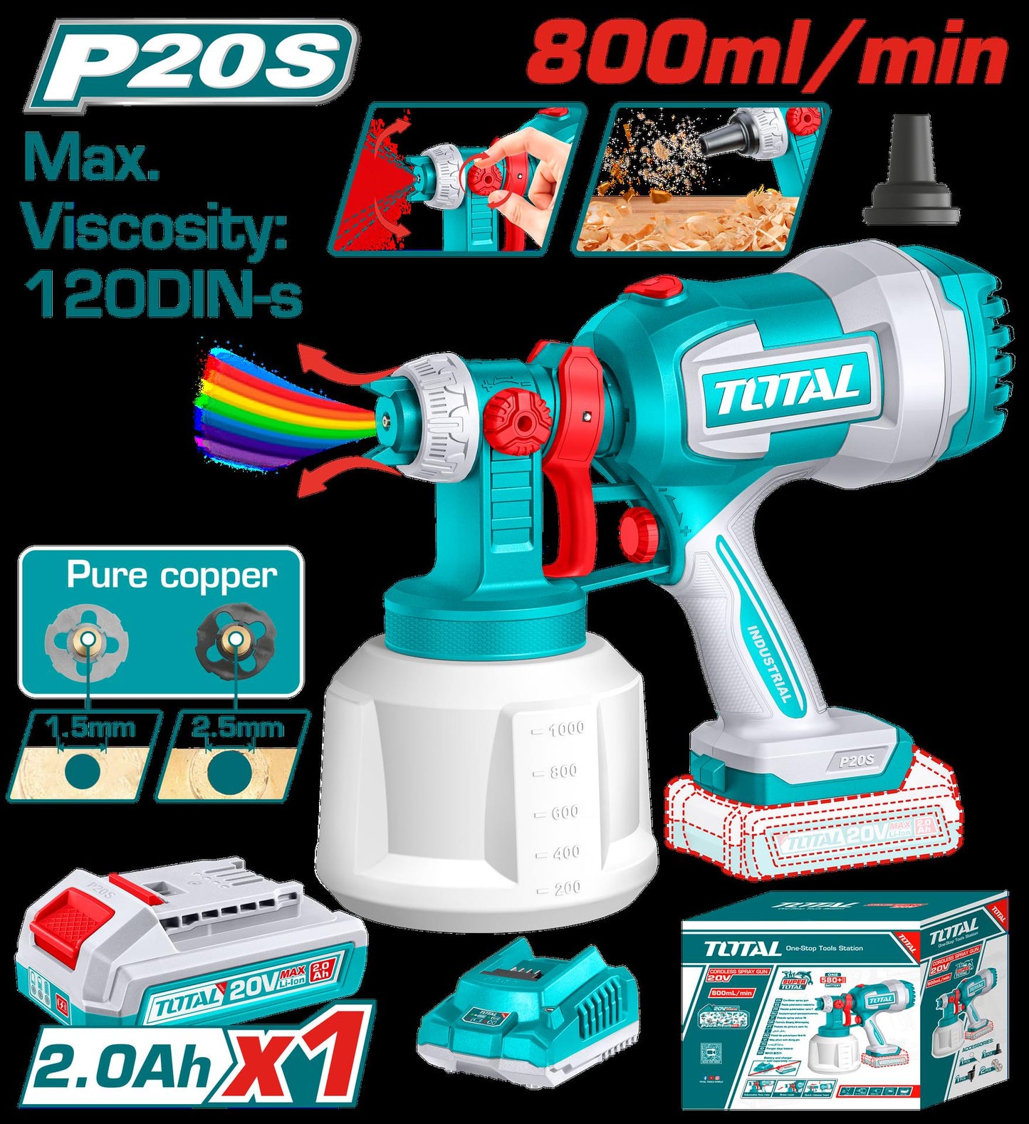 Pistola Pintar Inalambrica 800Ml 20V Incluye Bateria 20V Cargador Aguja De Limpieza Y Dos Boquillas Total Utsgli20042