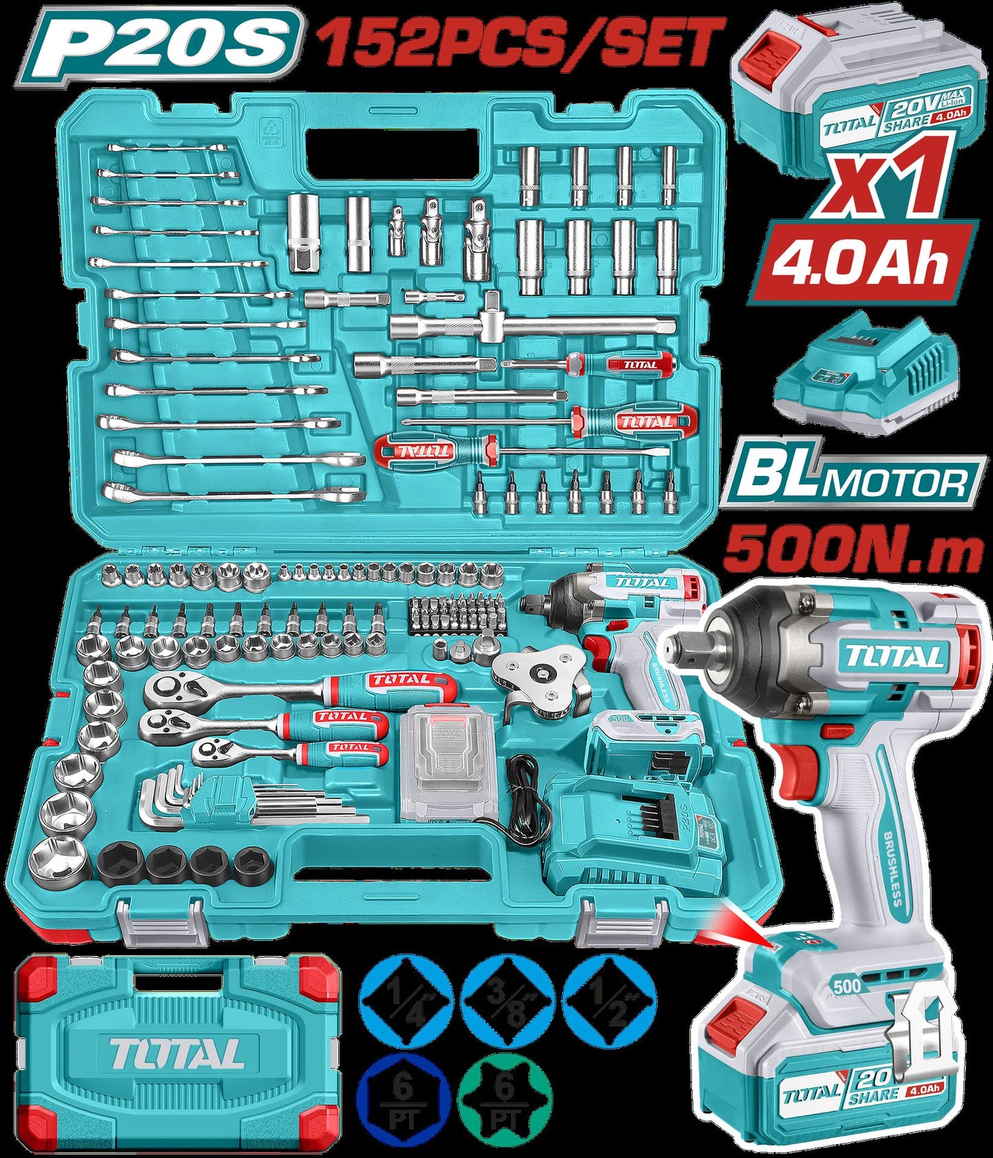 Pistola Impacto Inalambrico 12 20V 500 Nm Incluye 1 Baterias 1 Cargador  152 Accesorios Insdustrial Super Total Uthkthp31522