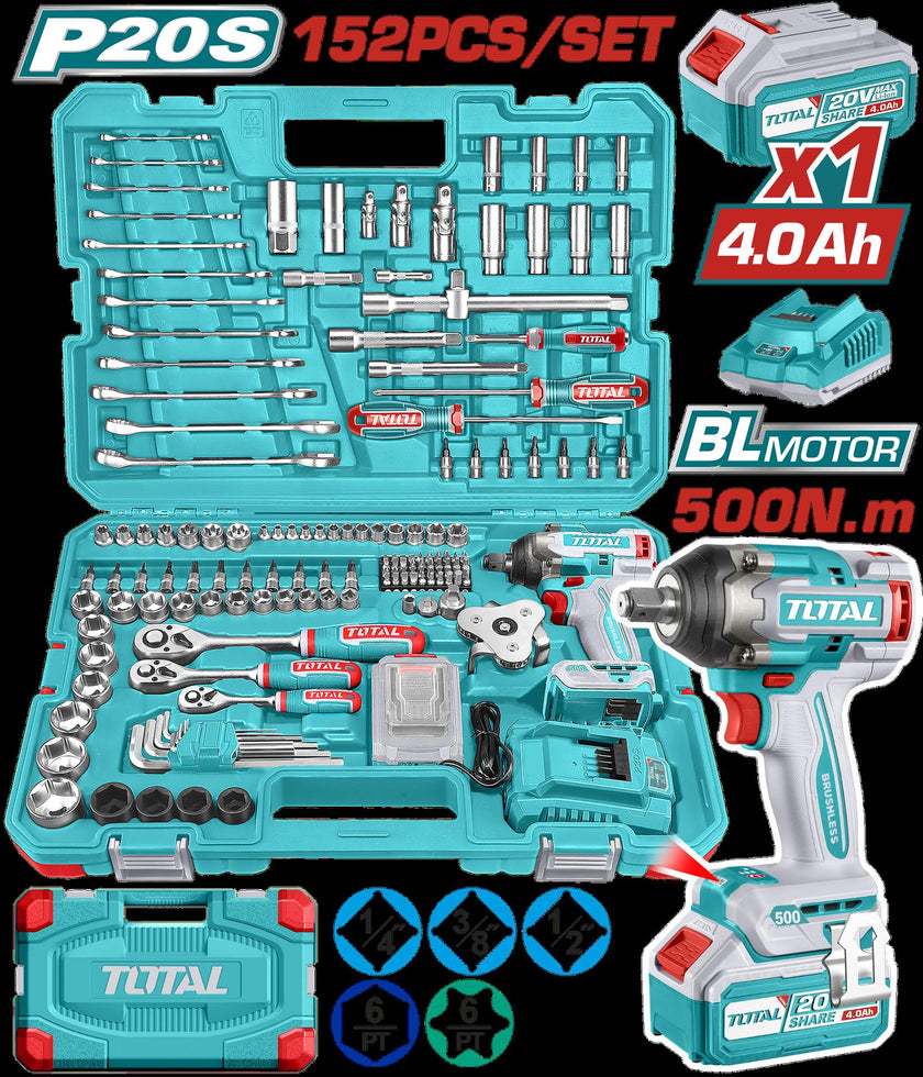 Pistola Impacto Inalambrico 12 20V 500 Nm Incluye 1 Baterias 1 Cargador  152 Accesorios Insdustrial Super Total Uthkthp31522