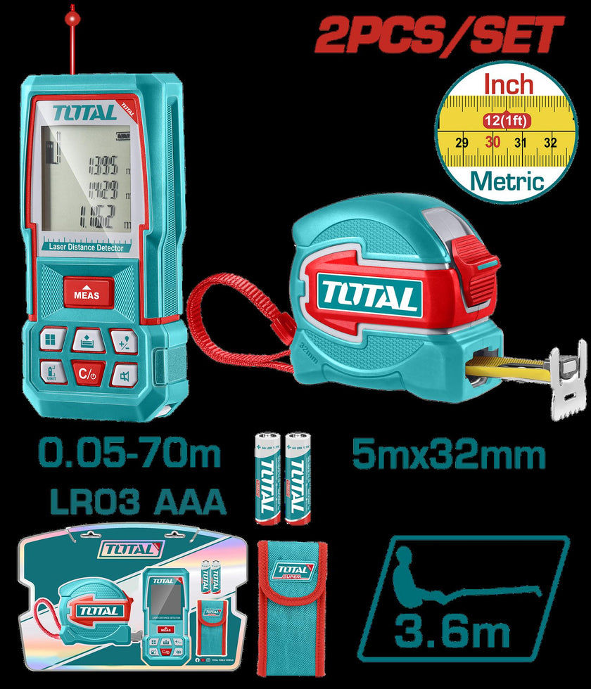 Kit De Medidor De Distancias Laser 60Mts  Metro 5 Mts Hoja 32Mm Industrial Super Total Tldd241201