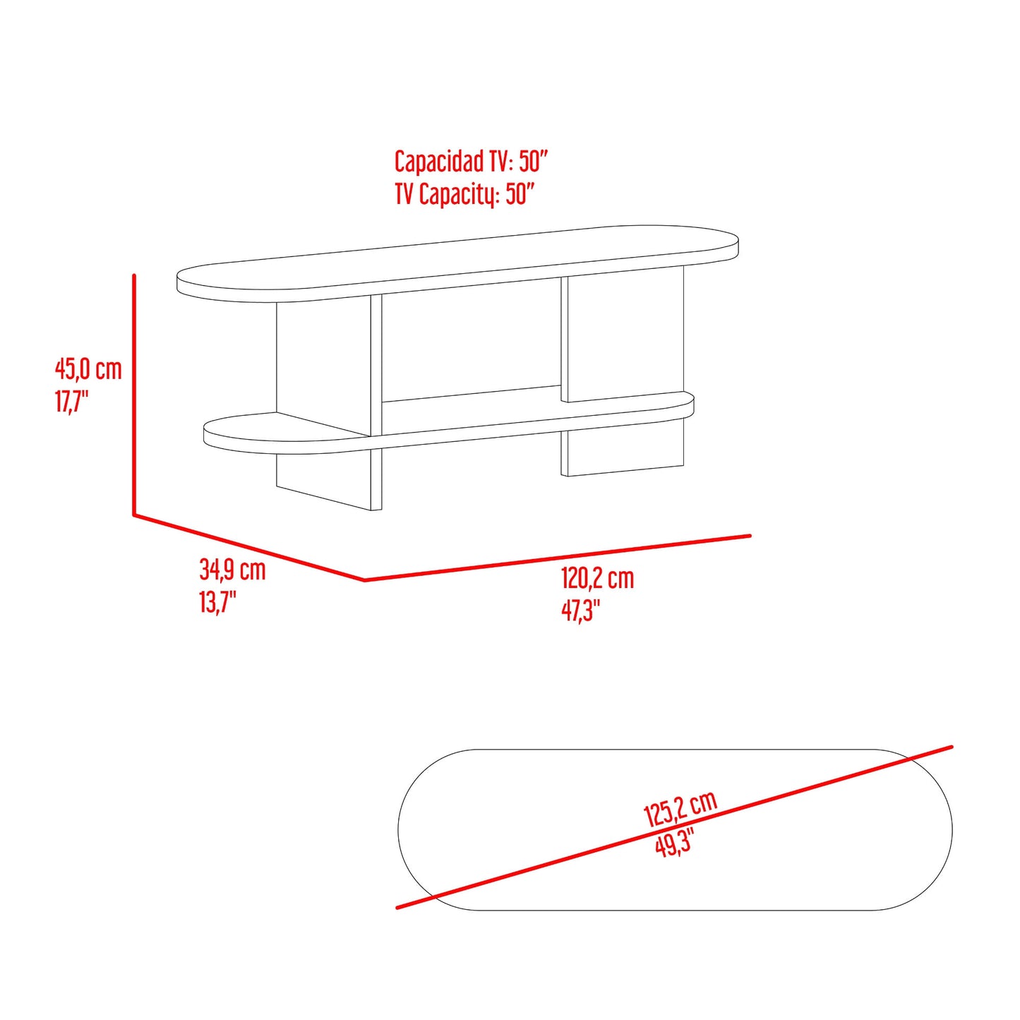 Rack De Tv Oval Leeds 45X120X34 Rta Fresno Eu
