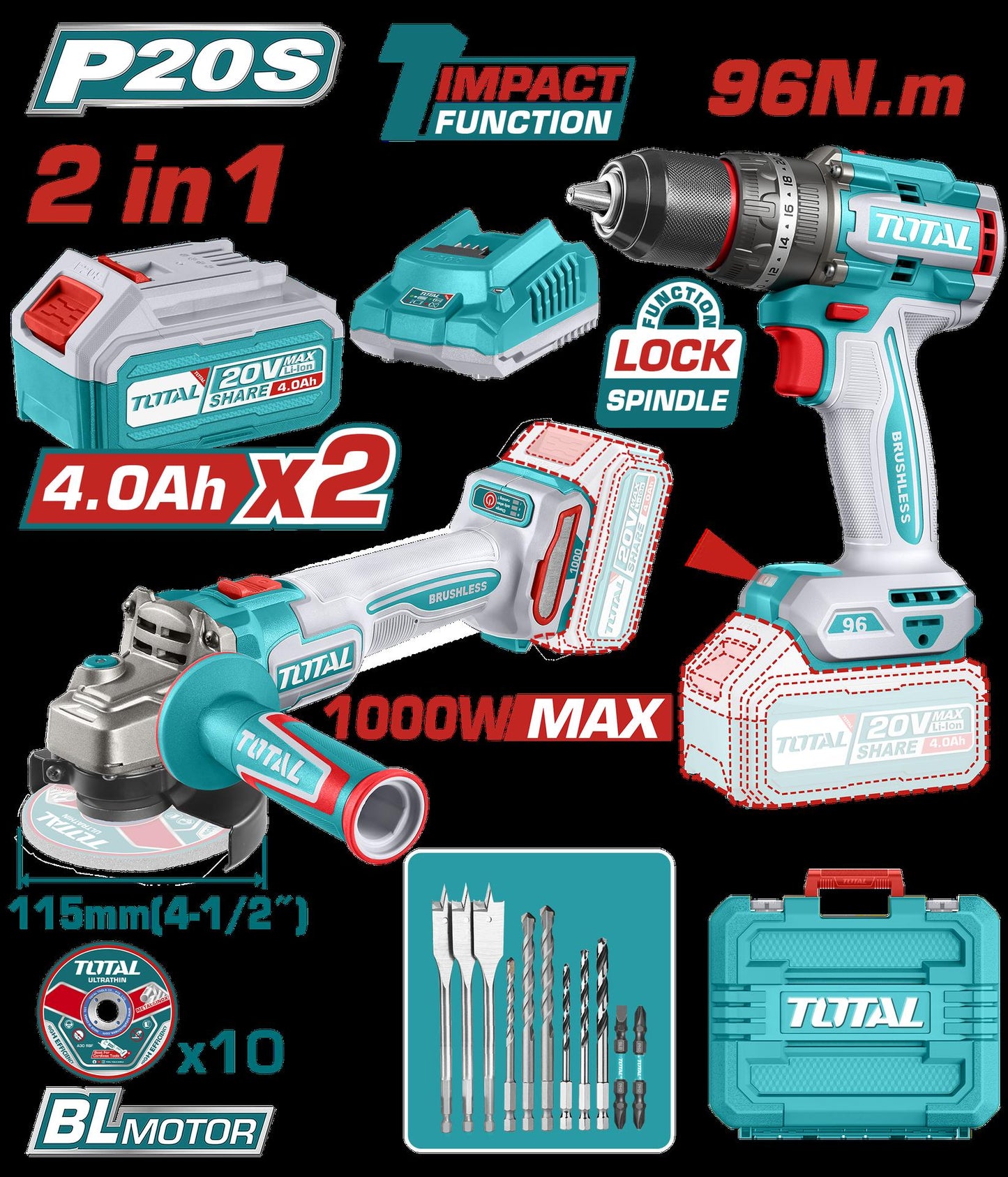 Combo Inalambrico 20V Taladro 12  96Nm  Pulidora 4 12  1000W Incluye 2 Bateria 20V40Ahcargador  10 Discos De Corte Y Accesorios Industrial Total Utosli241298