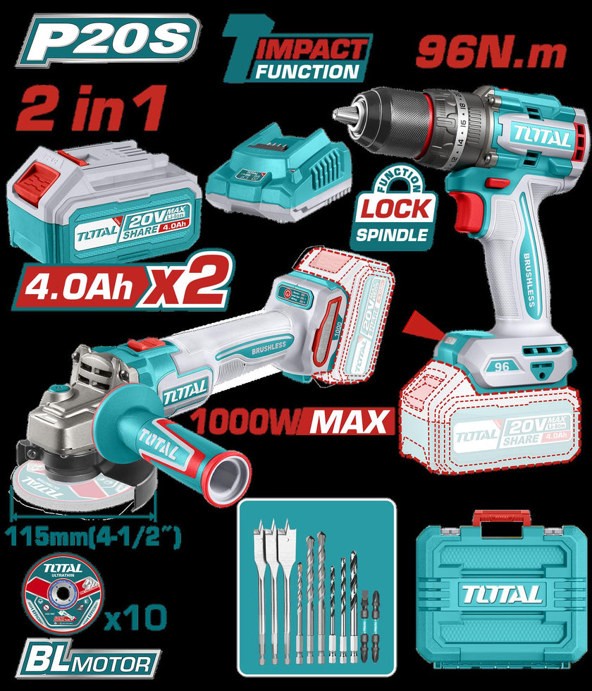 Combo Inalambrico 20V Taladro 12  96Nm  Pulidora 4 12  1000W Incluye 2 Bateria 20V40Ahcargador  10 Discos De Corte Y Accesorios Industrial Total Utosli241298