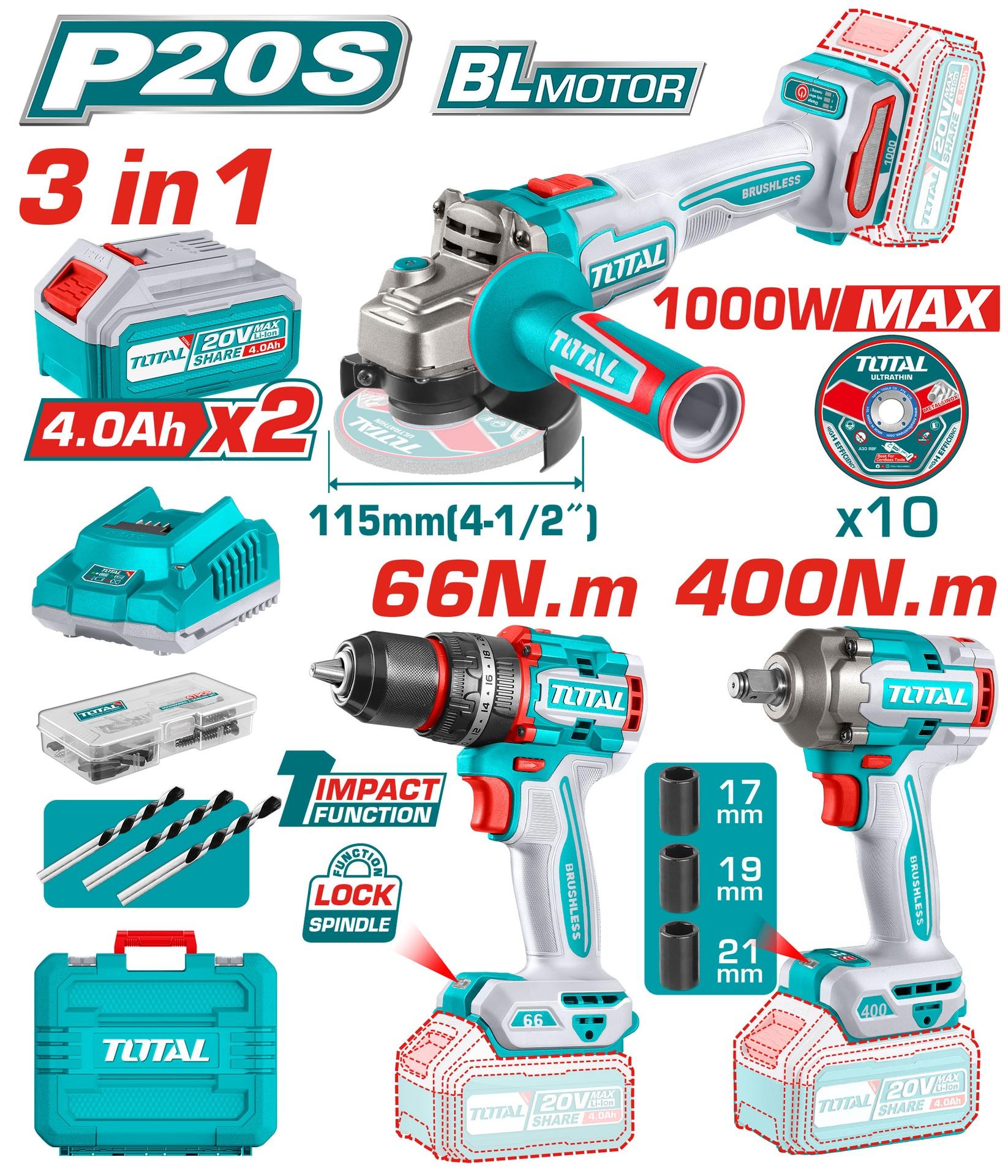 Combo Inalambrico 20V Taladro 12  66Nm  Pulidora 4 12  1000W  Pistola Impacto  12 400Nm Incluye 2 Bateria 20V40Ahcargador  10 Discos De Corte Y Accesorios Industrial Total Utosli241291