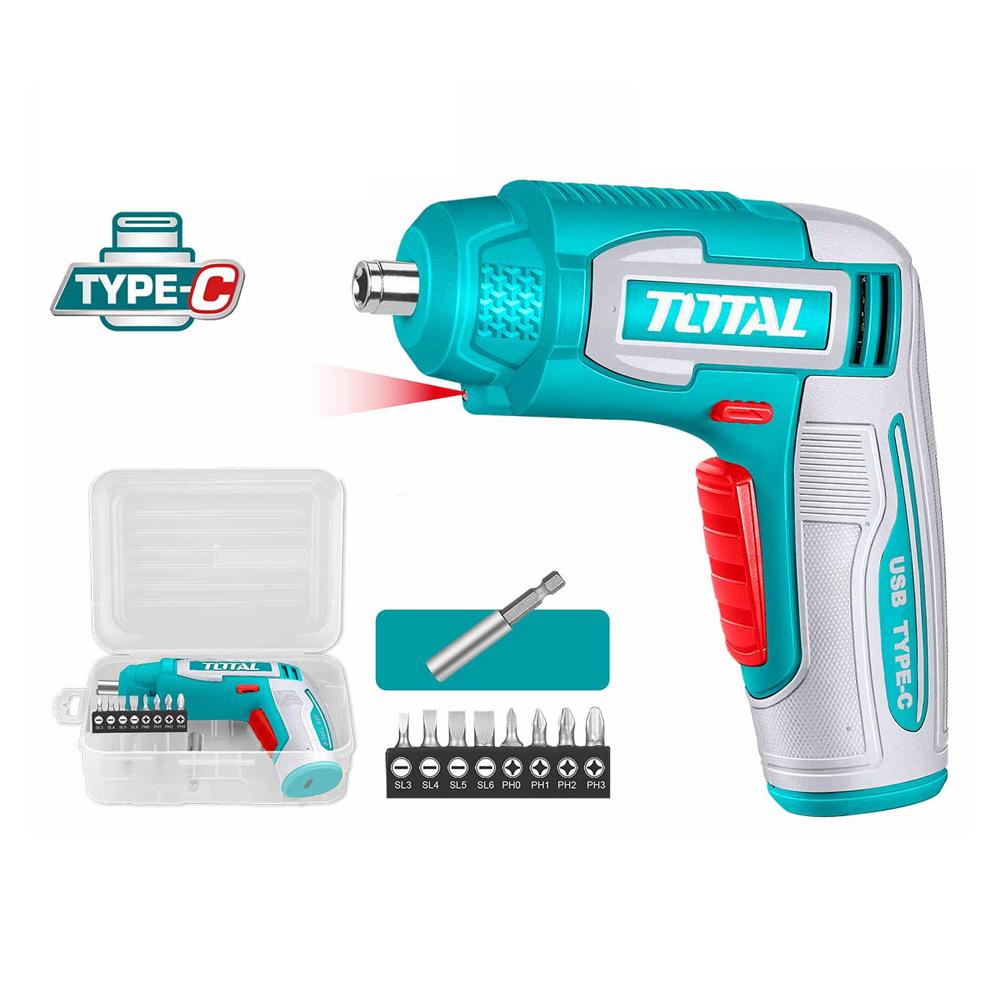 Atornillador Inalambrico 4V 4Nm Estuche Plastico  8 Puntas Taladro  Y Conector Super  Total Tsdli0458