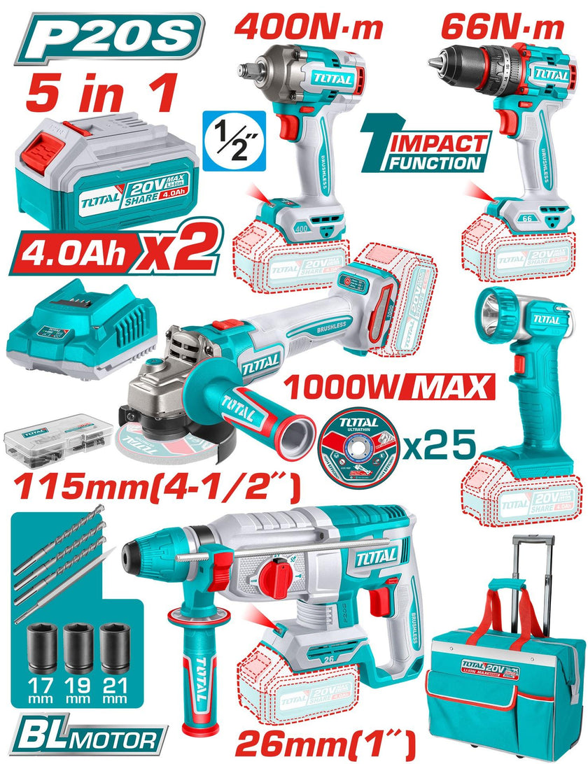 Combo Inalambrico 20V Taladro Percutor Atornillador 12 66Nm  Pistola Impacto 12 20V 400Nm  Taladro Rotomartillo 1 25Jules  Pulidora 4 12  Lampara De Trabajo 270Lm Incluye 2 Baterias 40 Ah  Cargador Y Accesorios Industrial Super Total Utckli205