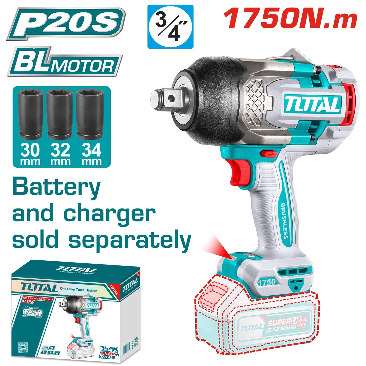 Pistola Impacto Inalambrica 34 20V 1750Nm Incluye Copas 303234 Mm  Bateria Y Cargador Se Venden Por Separado  Industrial Super Total Tiwli201751