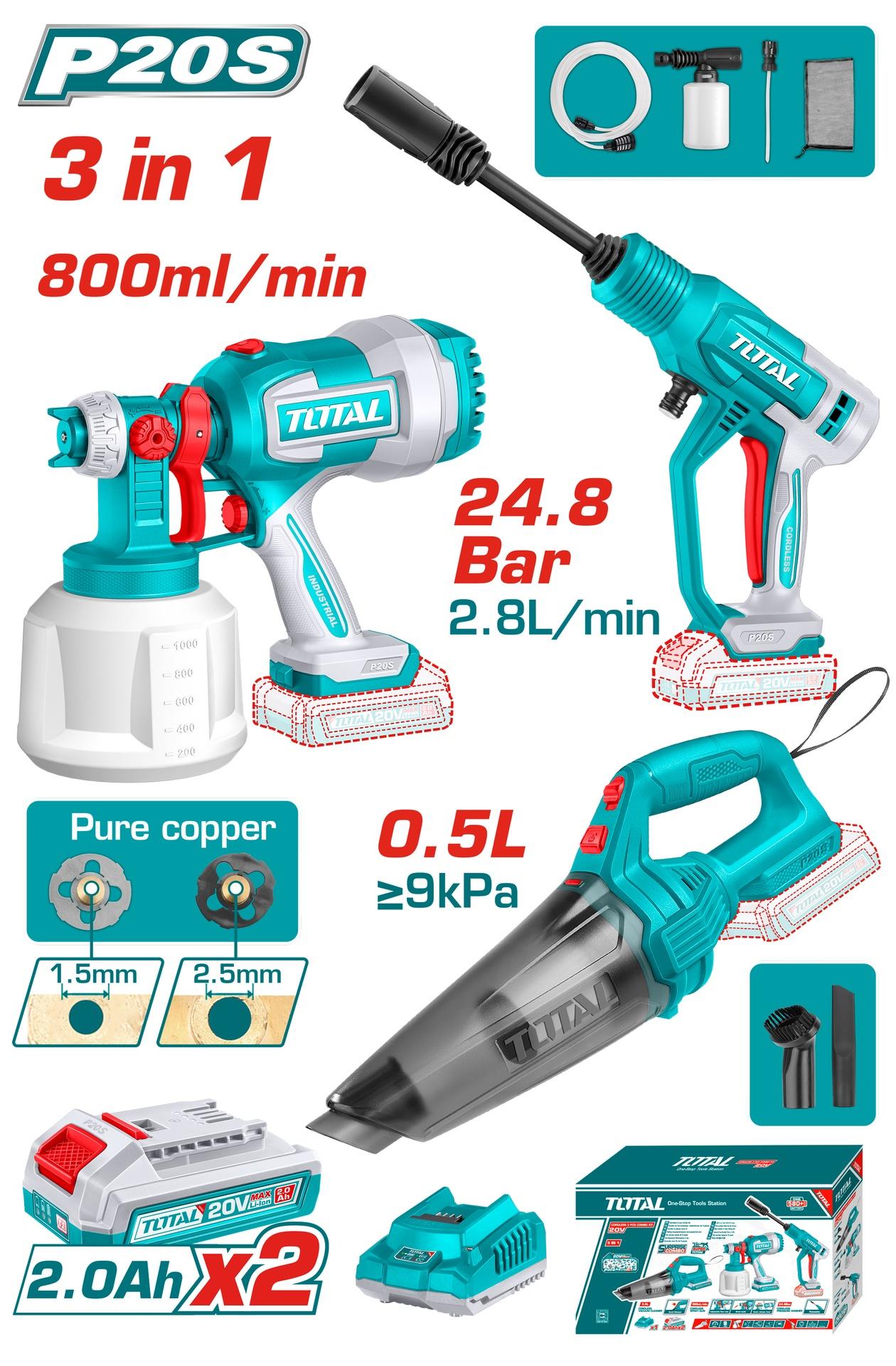 Combo Inalambrico 20V Pistola Pintar Inalambrica 800Ml  Hidrolavadora  Portatil  Aspiradora De Mano  Incluye 2 Baterias 20 Ah 1 Cargador Y Accesorios Total Utosli230522