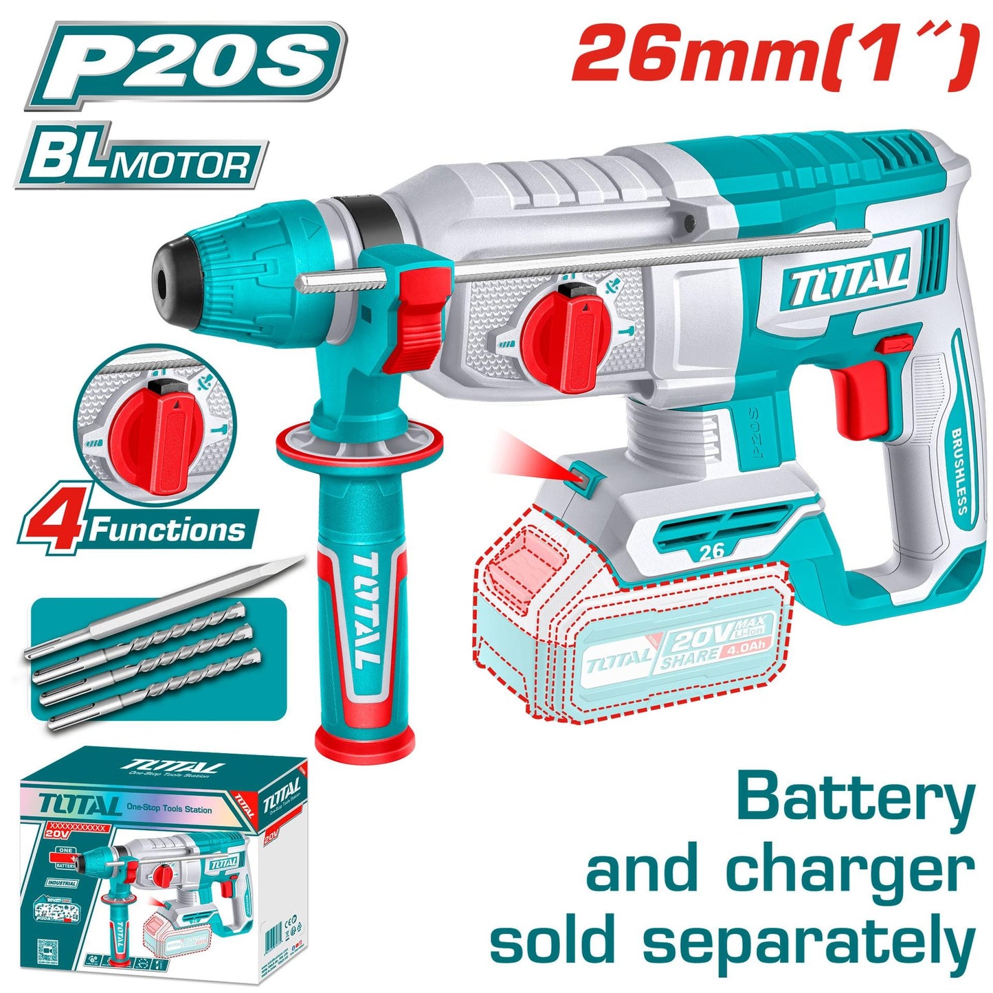 Taladro Rotomartillo 1 20V Sds Plus 25 Jules  Incluye 3 Brocas Y 1 Cincel Cargador Y Bateria No Incluido Industrial Total Trhli20268