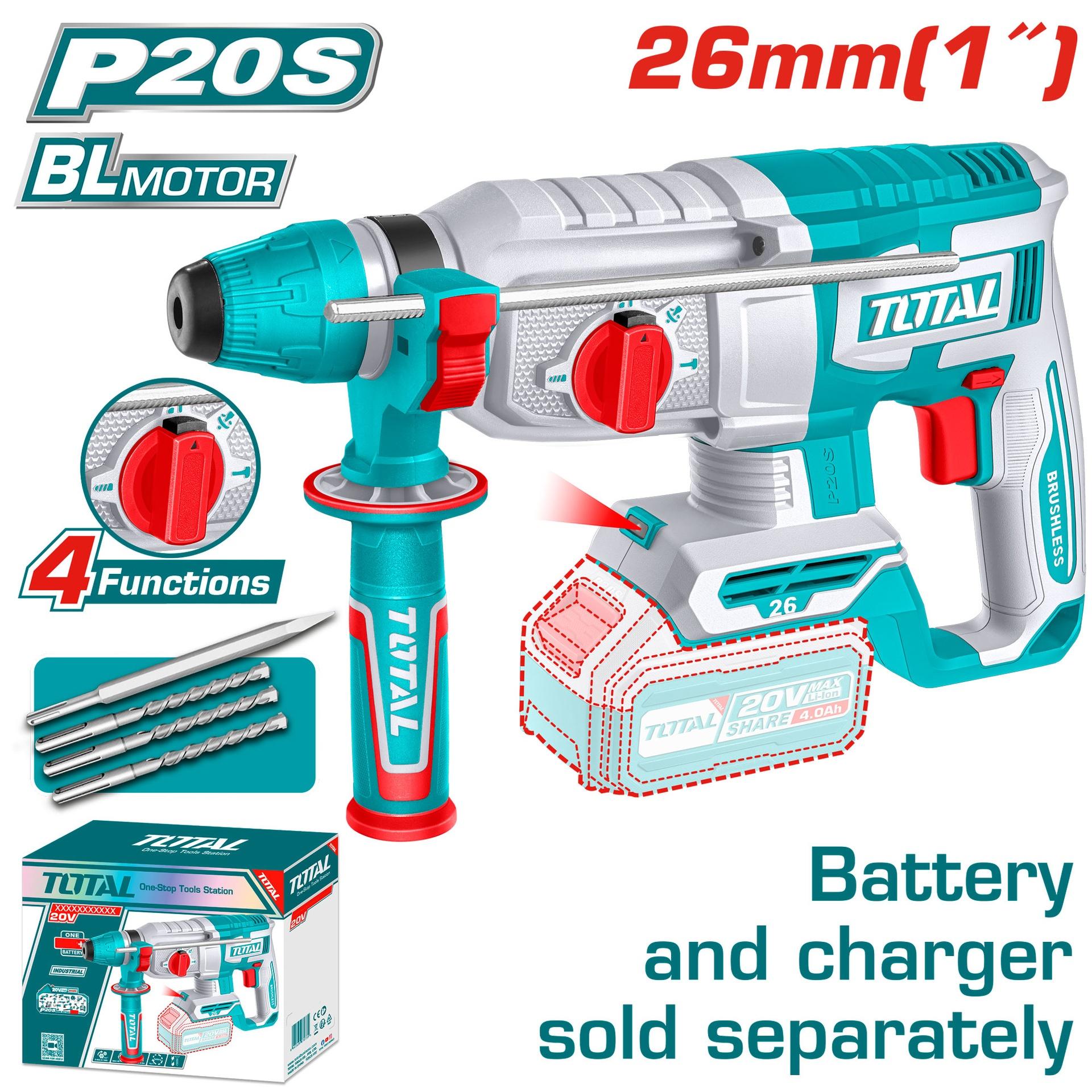 Taladro Rotomartillo 1 20V Sds Plus 25 Jules  Incluye 3 Brocas Y 1 Cincel Cargador Y Bateria No Incluido Industrial Total Trhli20268