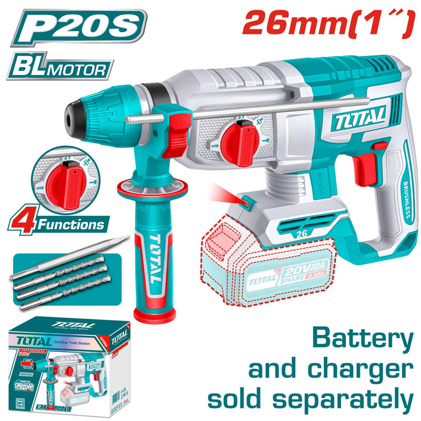 Taladro Rotomartillo 1 20V Sds Plus 25 Jules  Incluye 3 Brocas Y 1 Cincel Cargador Y Bateria No Incluido Industrial Total Trhli20268