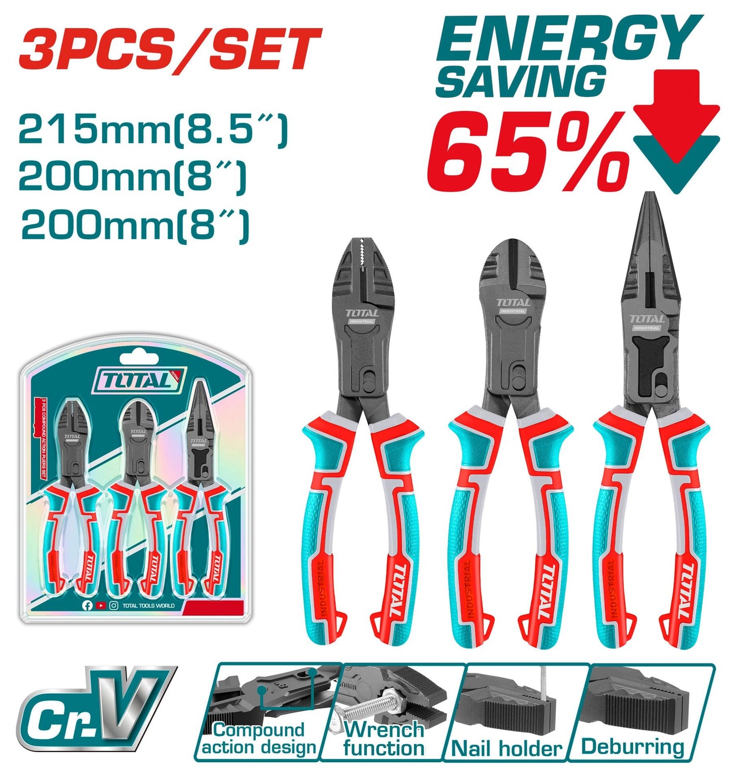 Juego De Alicate X 3 Piezas  Cromo Vanadium Industrial Total Tht2Ck231S