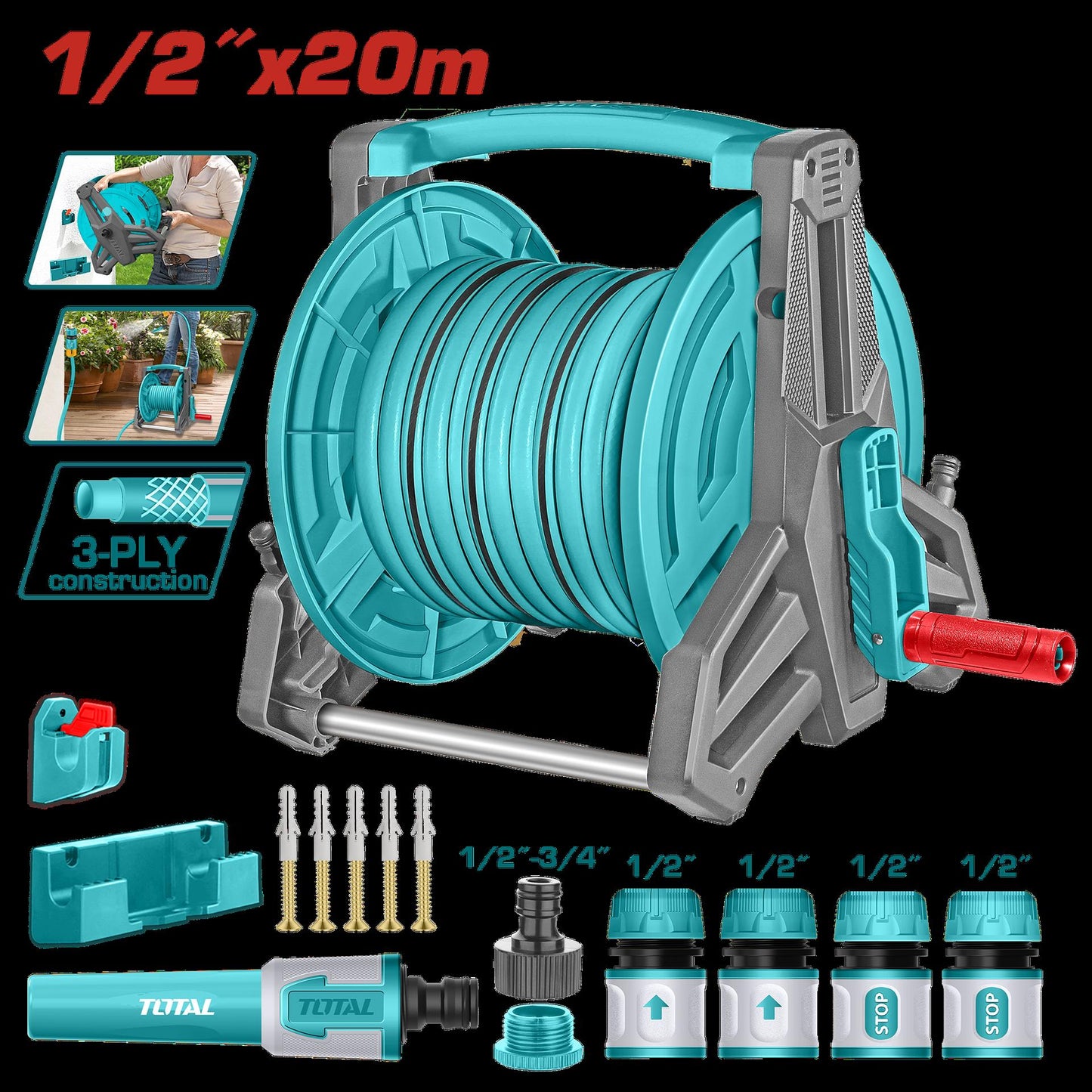 Manguera De Jardin 20 Mts Con Carrete Incluye Accesorios Total Thhr20124
