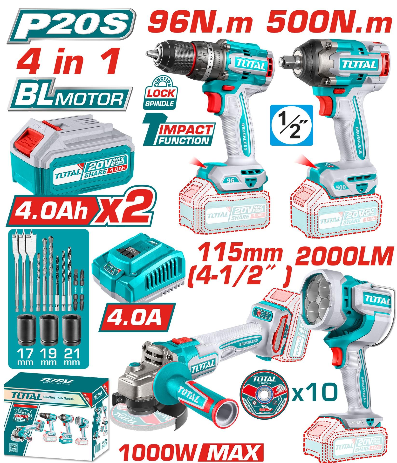 Combo Inalambrico 20V Taladro 12 96 Nm  Pistola Impacto 12 500 Nm  Pulidora  4 12 1000W  Lampara De Trabajo  2000 Lumenes Incluye 2 Baterias 40Ah  Cargador Y Accesorrios Industrial Total Utosli241292