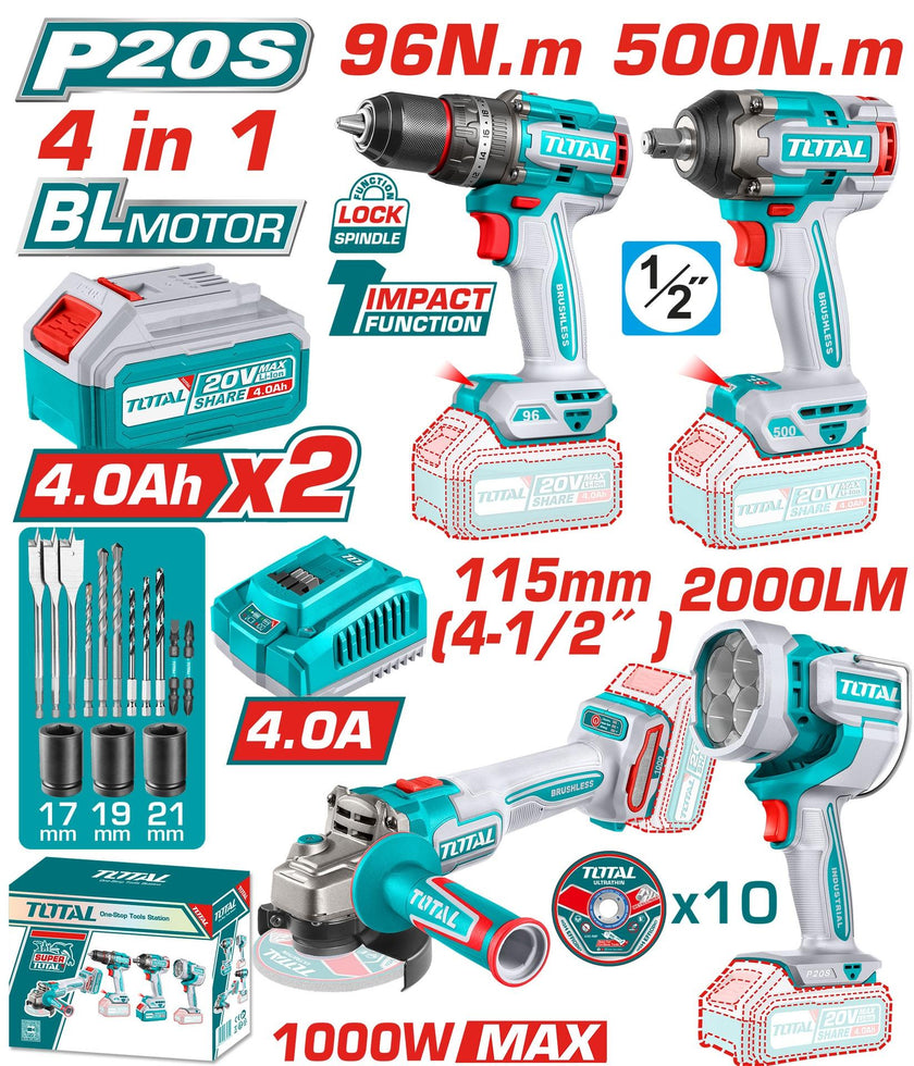 Combo Inalambrico 20V Taladro 12 96 Nm  Pistola Impacto 12 500 Nm  Pulidora  4 12 1000W  Lampara De Trabajo  2000 Lumenes Incluye 2 Baterias 40Ah  Cargador Y Accesorrios Industrial Total Utosli241292
