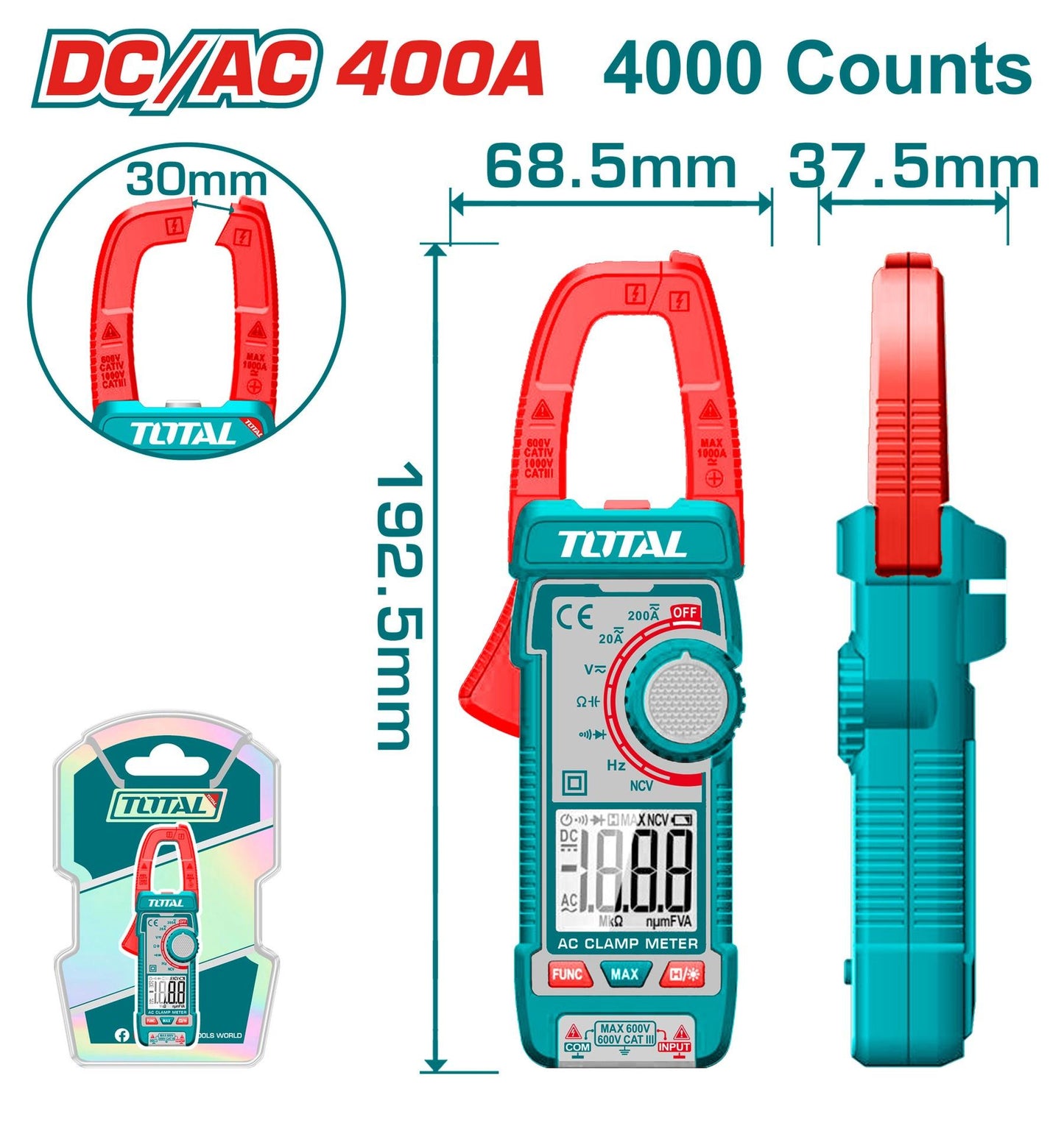 Pinza Voltiamperimetrica Digital 400V  4000 Conteos Rms Total Tmt762002