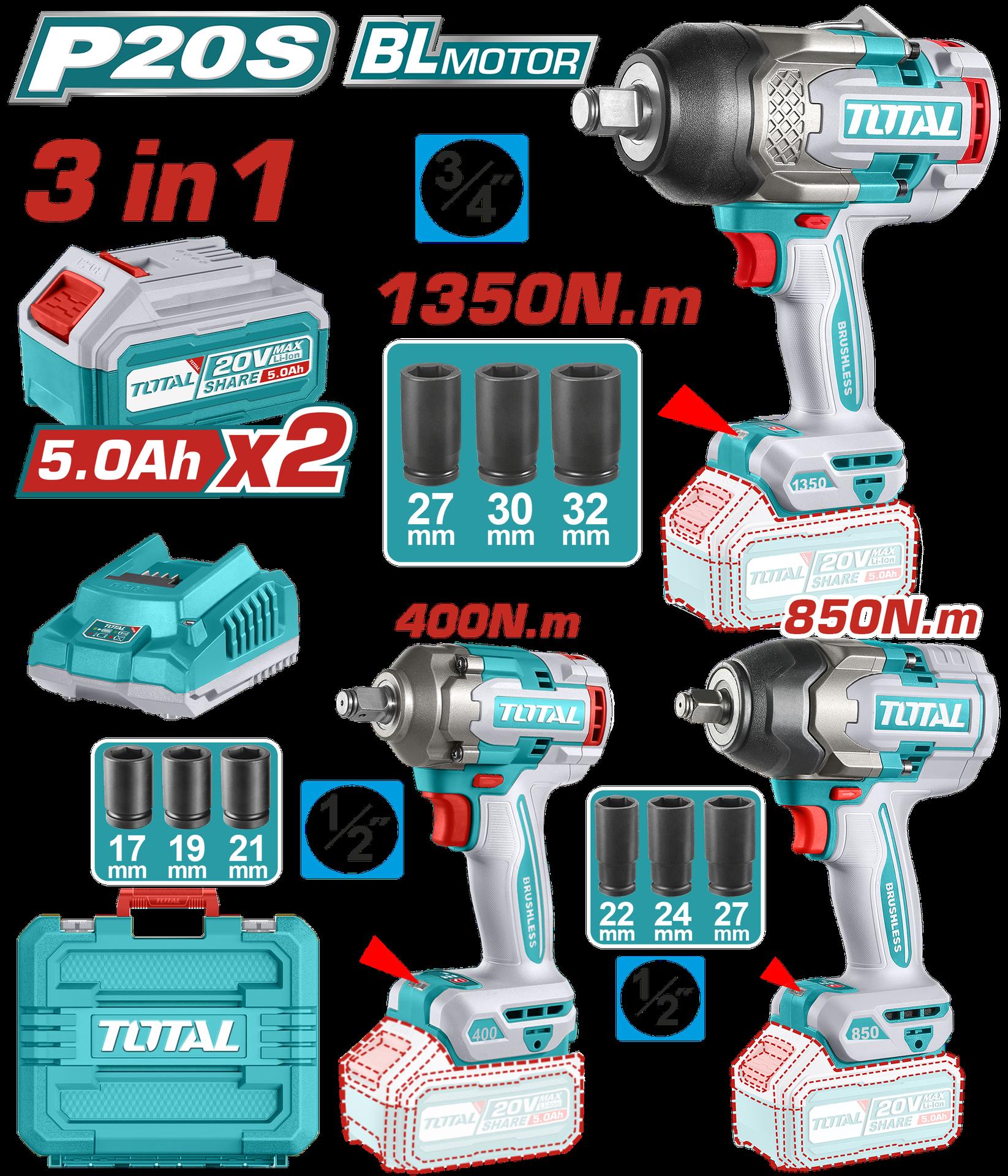 Combo Inalambrico 20V Pistola Impacto 34 1350Nm   Pistola Impacto 12 850Nm   Pistola Impacto 12 400Nm Incluye 2 Baterias 50Ah  Cargador  Accesorios Indsutrial Tota Utosli250386