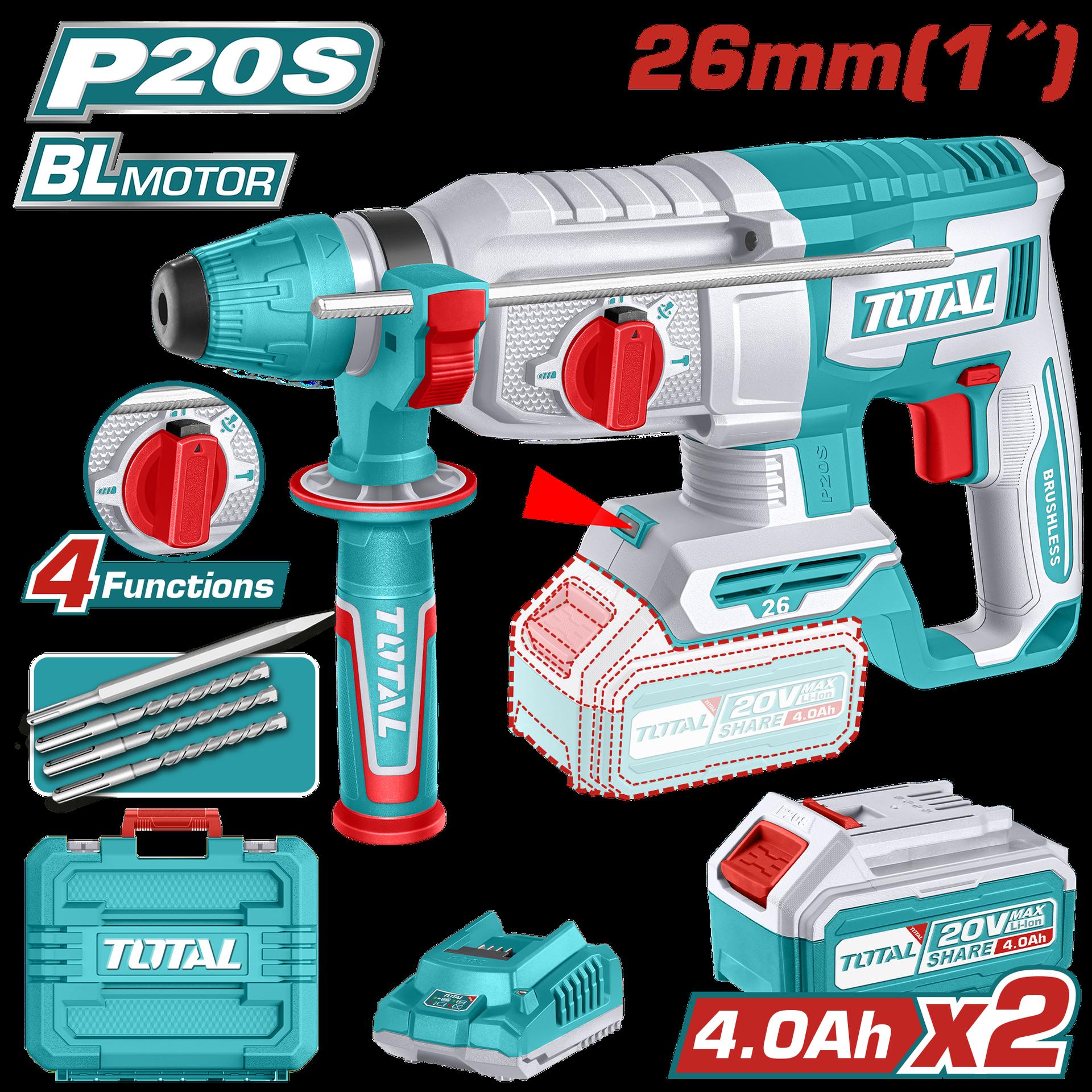 Taladro Rotomartillo 1 20V Sds Plus 25 Jules  Incluye 3 Brocas  1 Cincel Cargador  Y Bateria  Industrial Total Utrhli202682