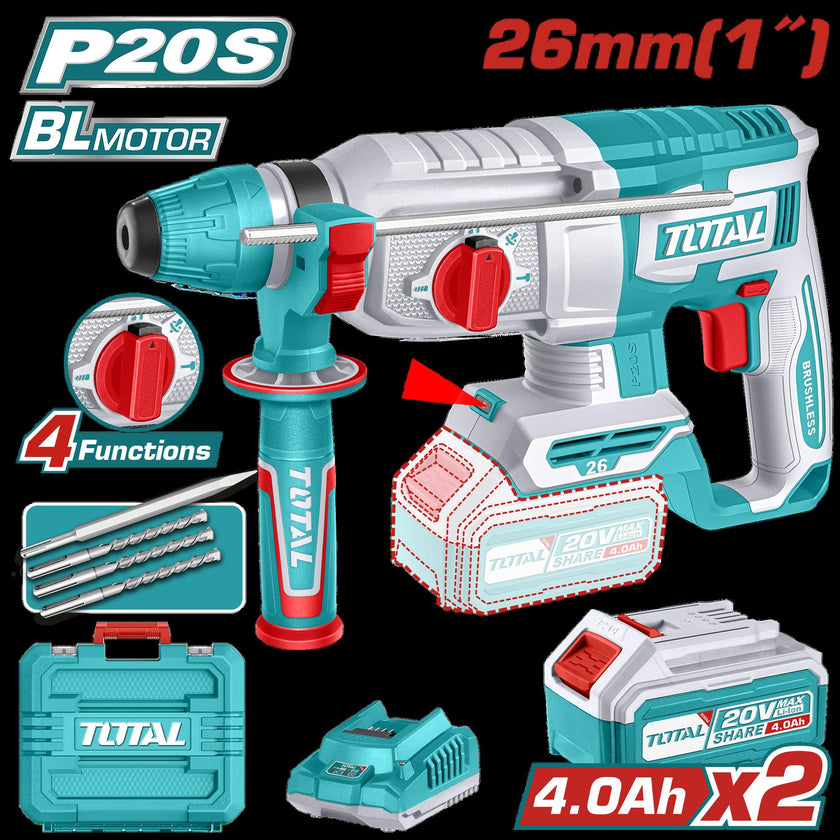 Taladro Rotomartillo 1 20V Sds Plus 25 Jules  Incluye 3 Brocas  1 Cincel Cargador  Y Bateria  Industrial Total Utrhli202682