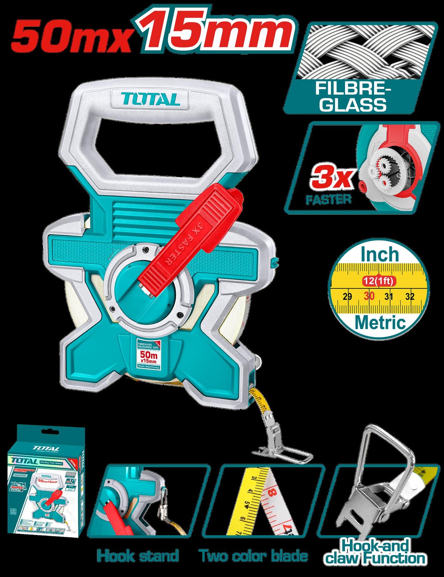 Decametro 50Mts Industrial Fibra De Vidrio Total  Tmtf18506