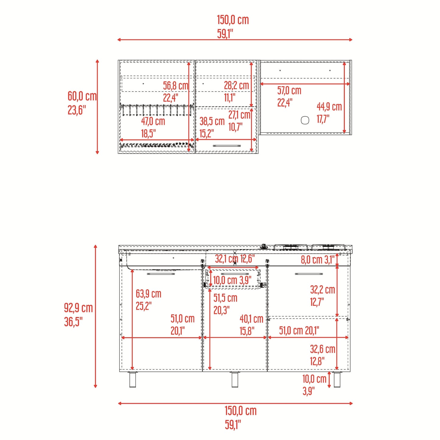 Cocina Miro 150 Izquierdo 60X150X40 Rta Blanco Fresno