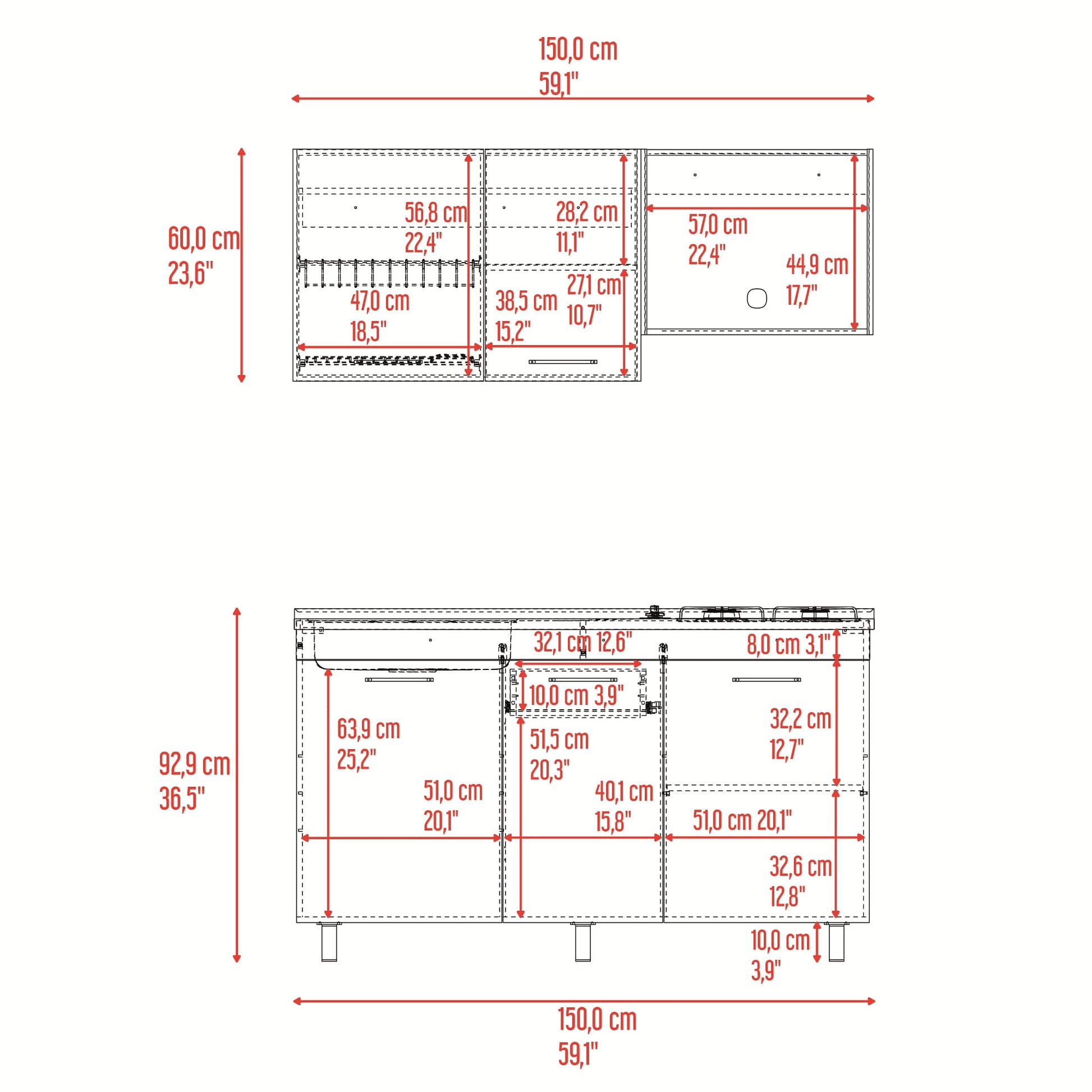 Cocina Miro 150 Izquierdo 60X150X40 Rta Blanco Fresno