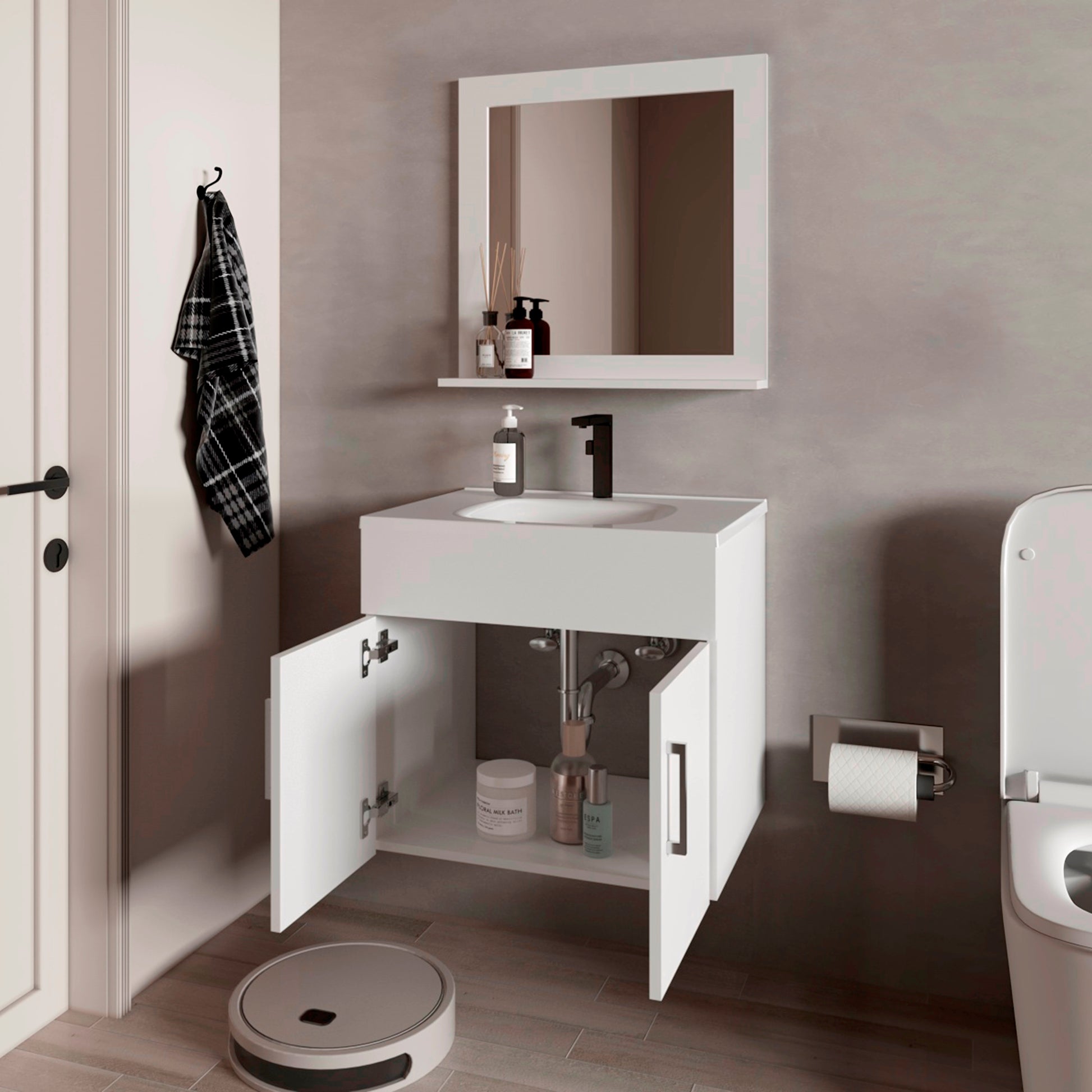 Set Mueble De Baño Blake + Espejo 53X61X45 Rta Blanco Mqz Zf
