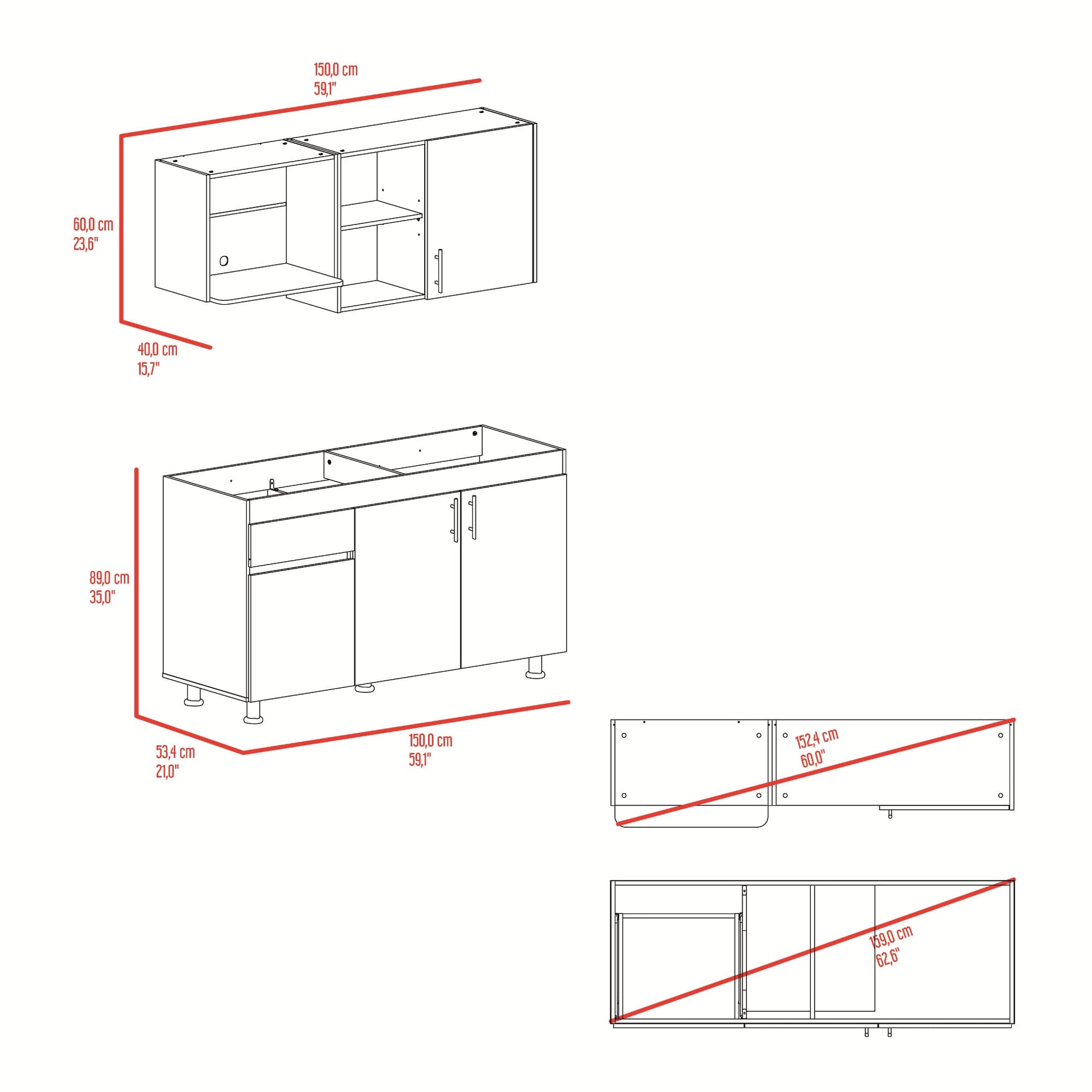 Cocina Ladson Para Mesón Derecho 210X150X53 Rta Blanco Positano