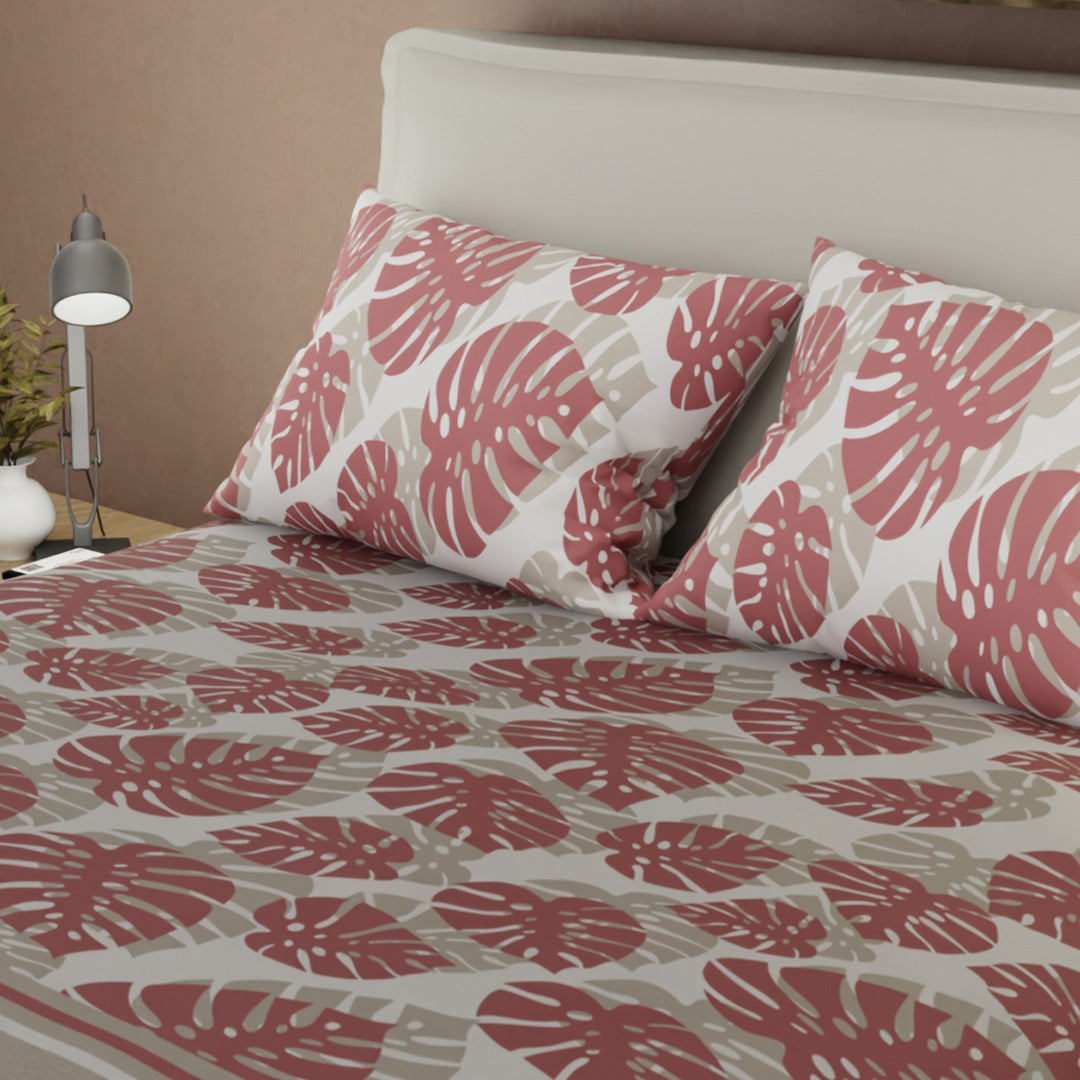 Juego De Sábanas Microfibra Suavizada Monstera  Rosa