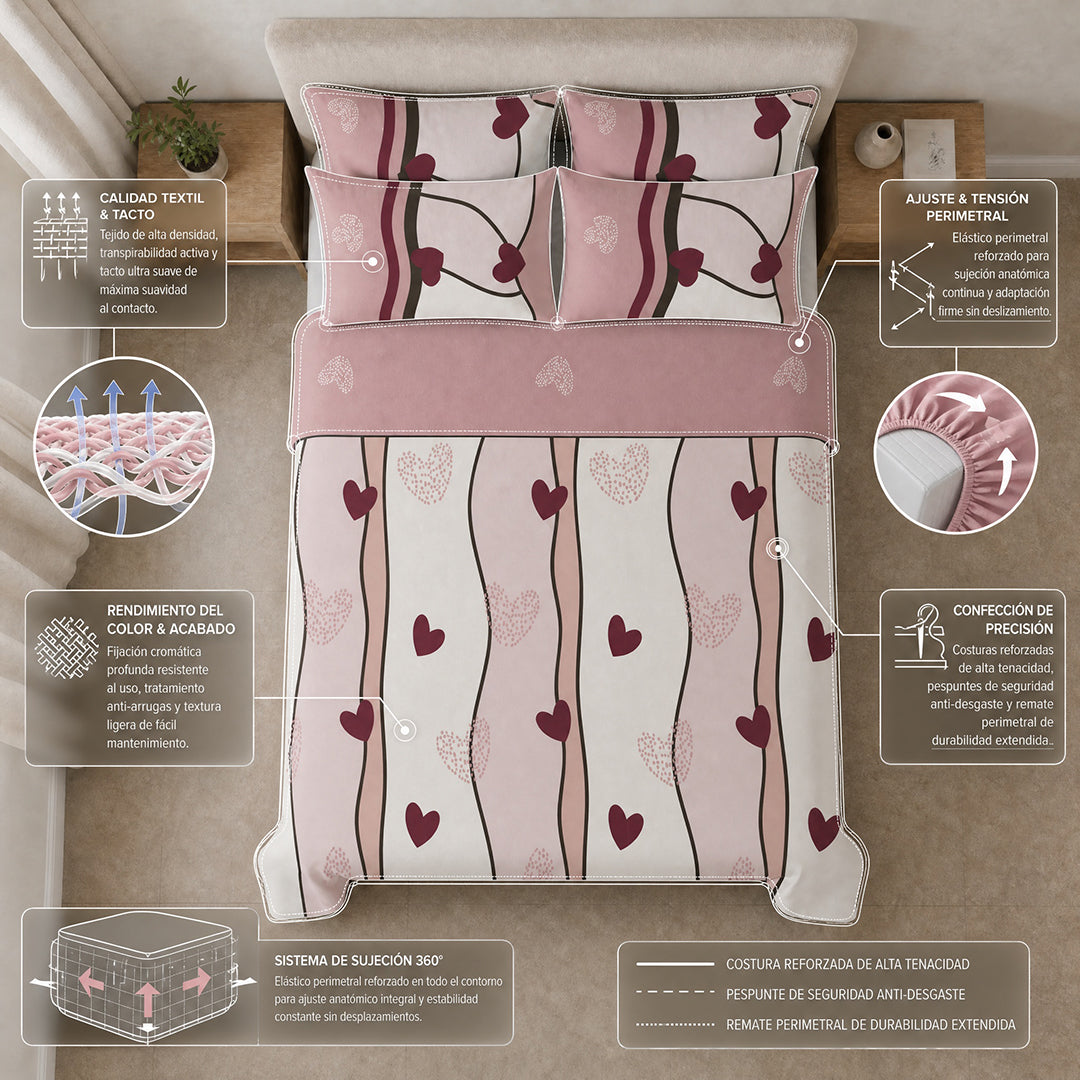 Juego De Sábanas Microfibra Suavizada 4 Fundas Wine Heart Wave