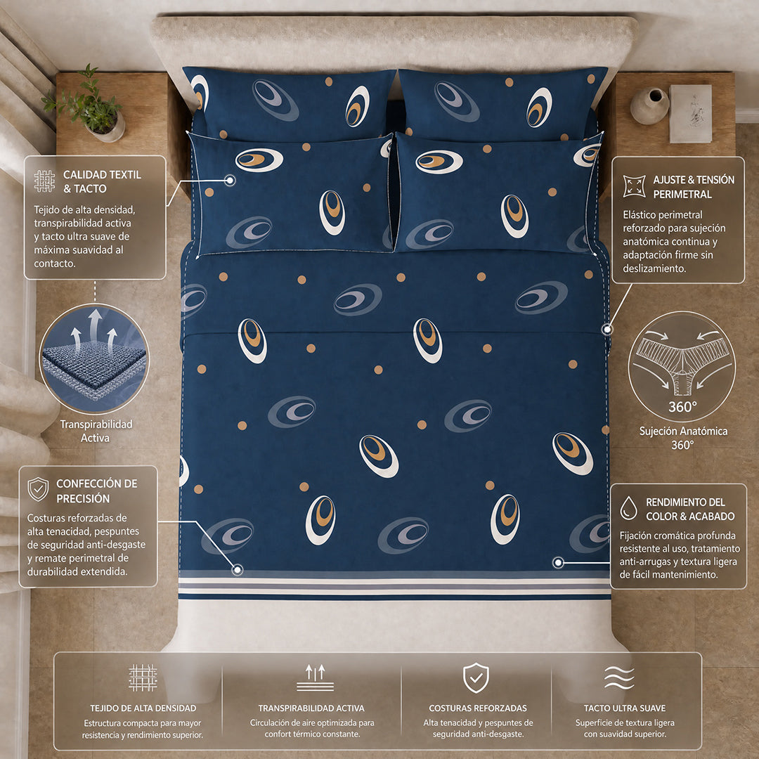 Juego De Sábanas Microfibra Suavizada 4 Fundas Aros Pizarra Azul