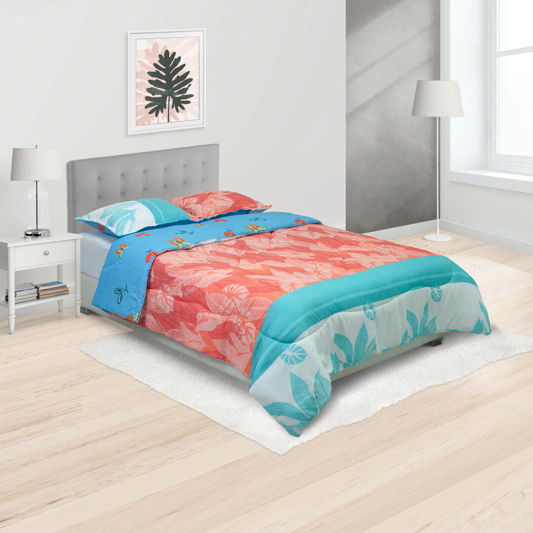 Cubrelecho Semiacolchado Azul Hojas En Salmon Suavemente Acolchado