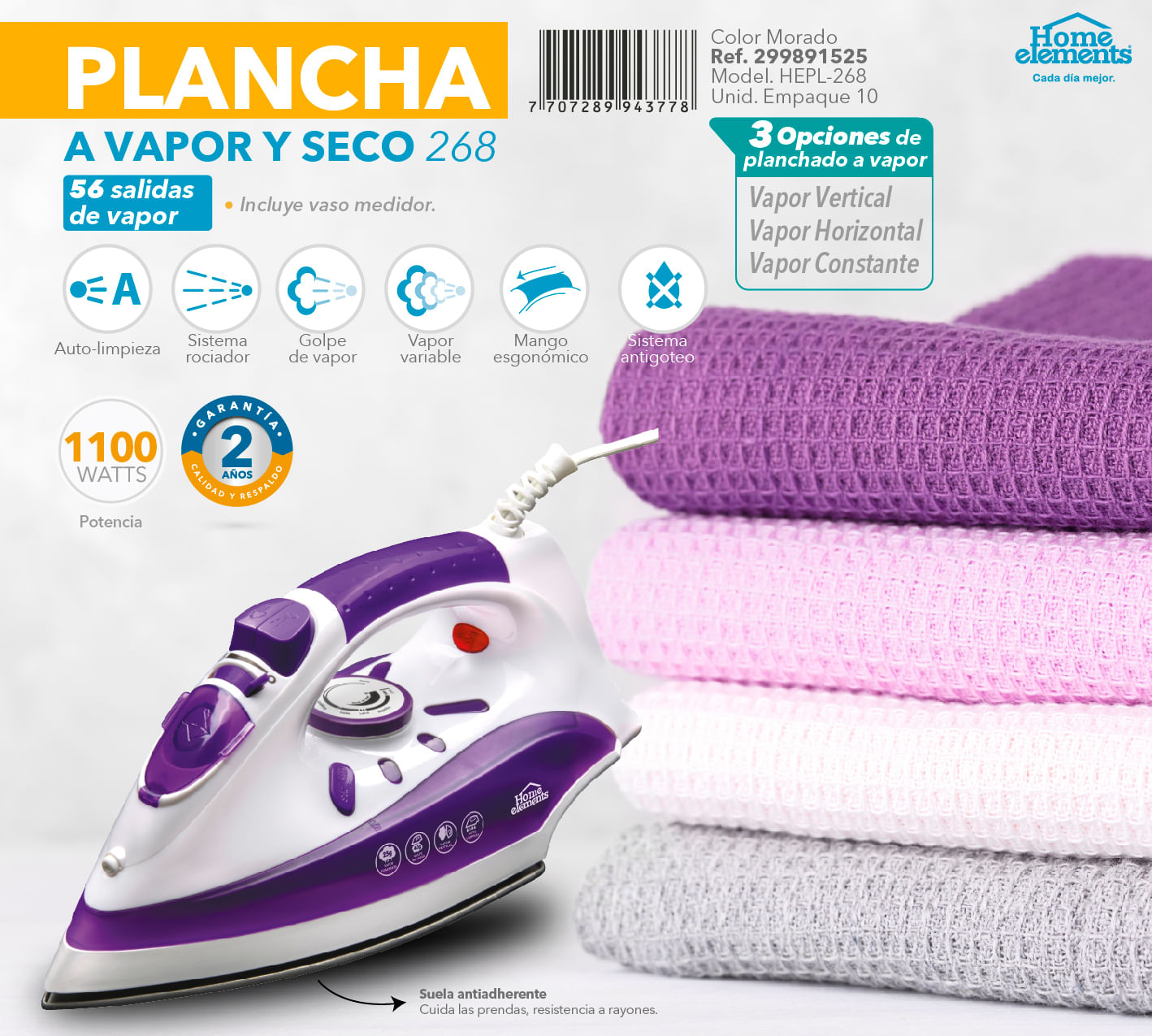 Plancha Vapor Y Seco Antiadherente Morada Home Elements