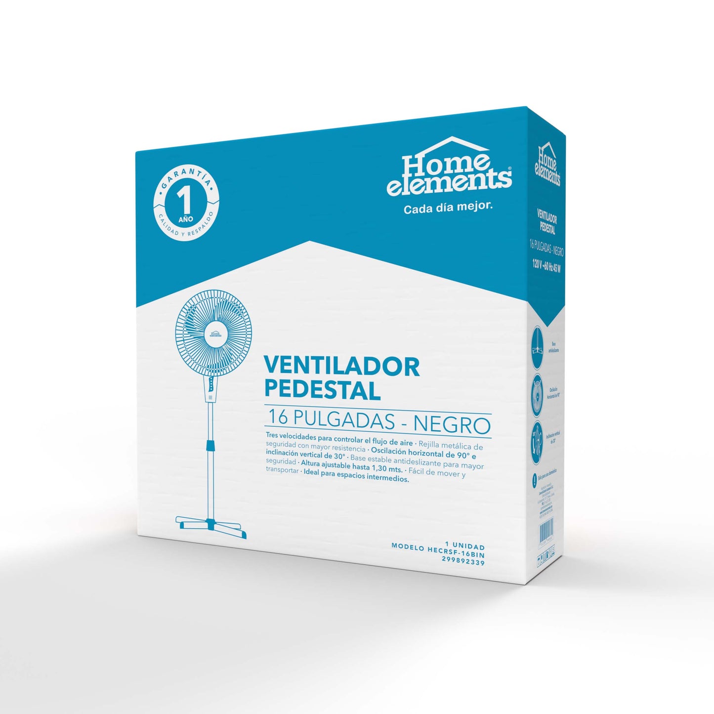 Ventilador Pedestal 16 P 3 Aspas Negro Home Elements